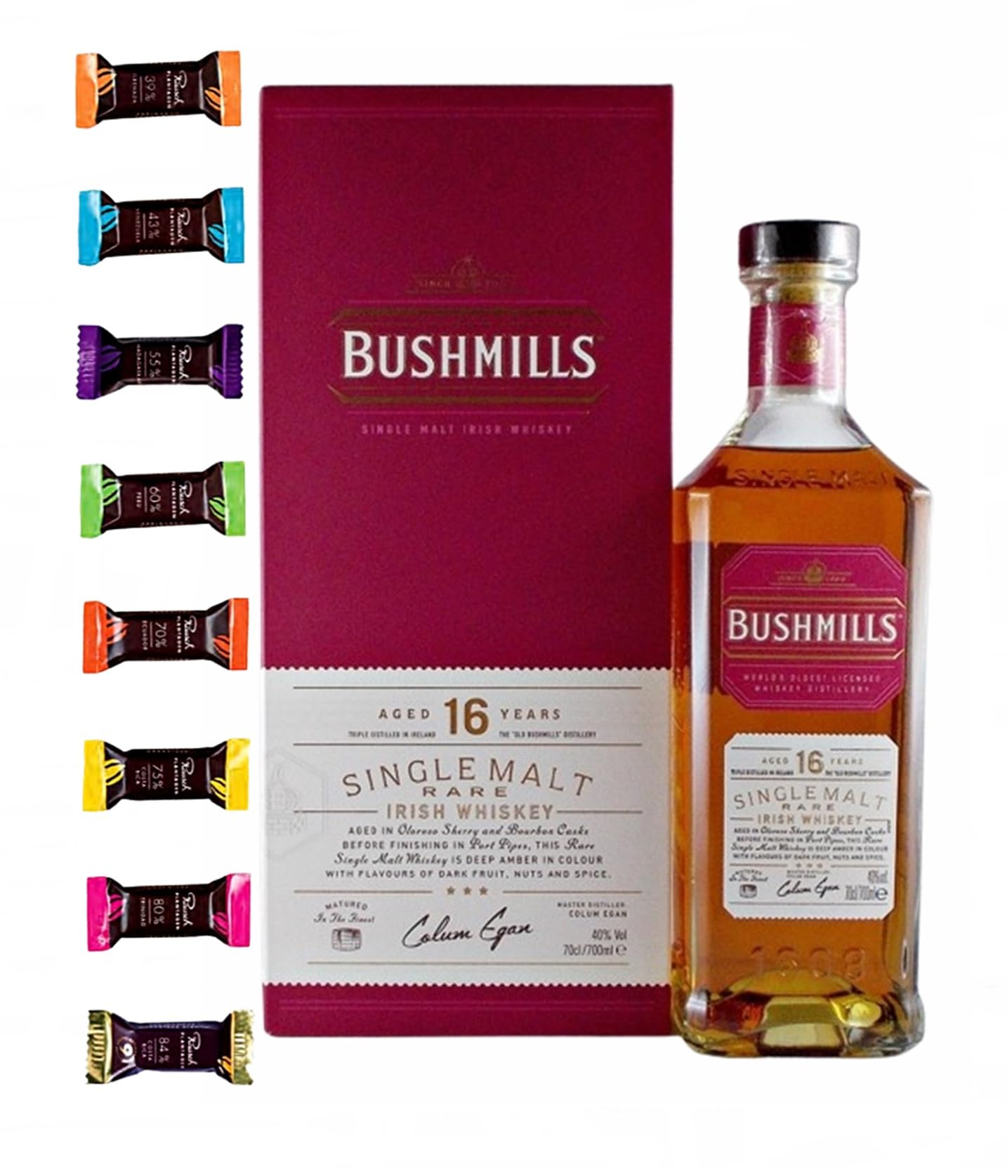 Bushmills 16 Jahre irischer Single Malt Whiskey 0,7L mit 8 Edelschokoladen