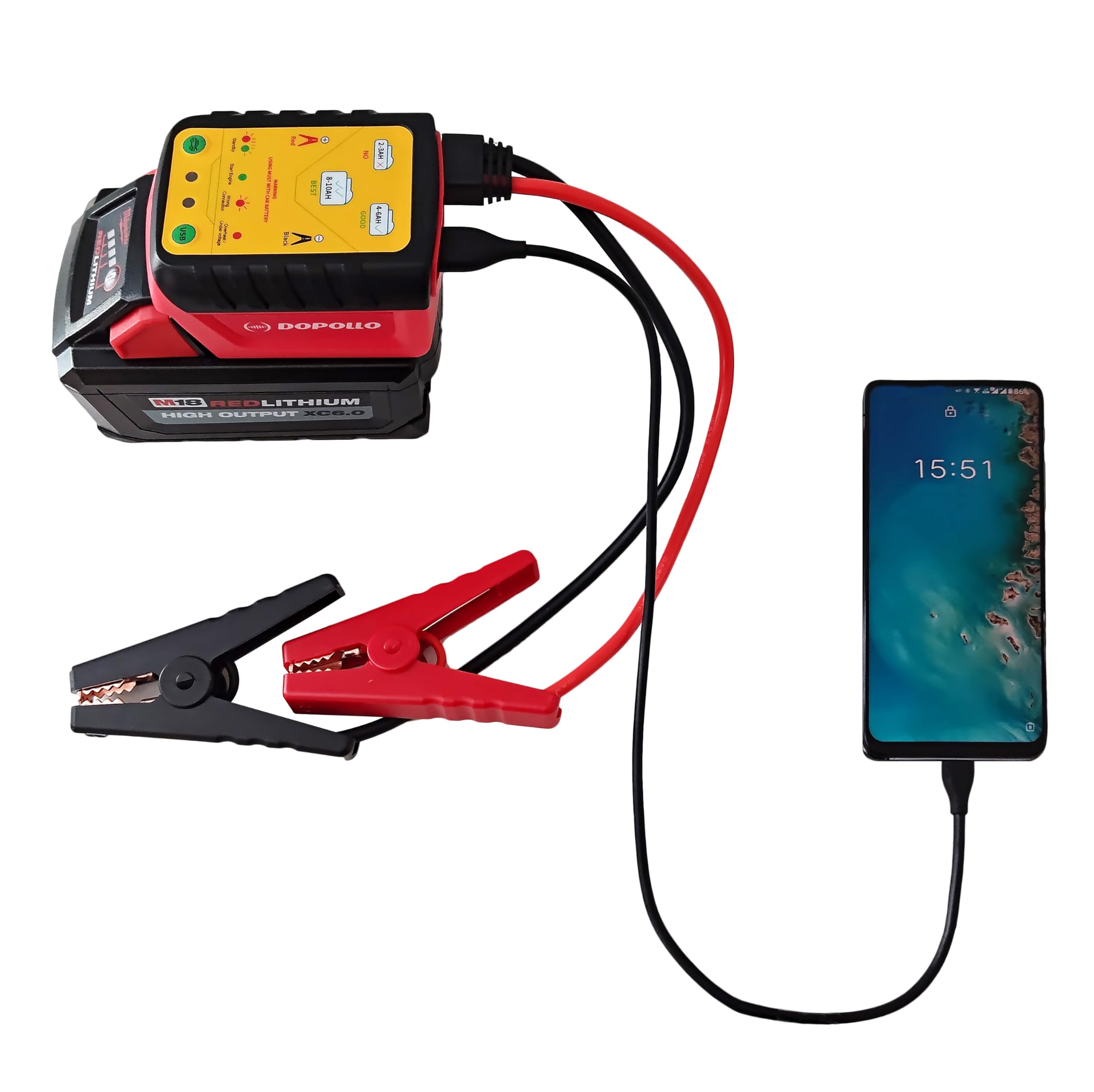 Dopollo Multi Starter, Compatible with Milwaukee 18V M18 Lithium Battery?Jump Start Adapter DJS18-MIW, Battery Repair/Activation/Boost, Cables for 6.0L Gasoline Engines, USB Cordless Power Source