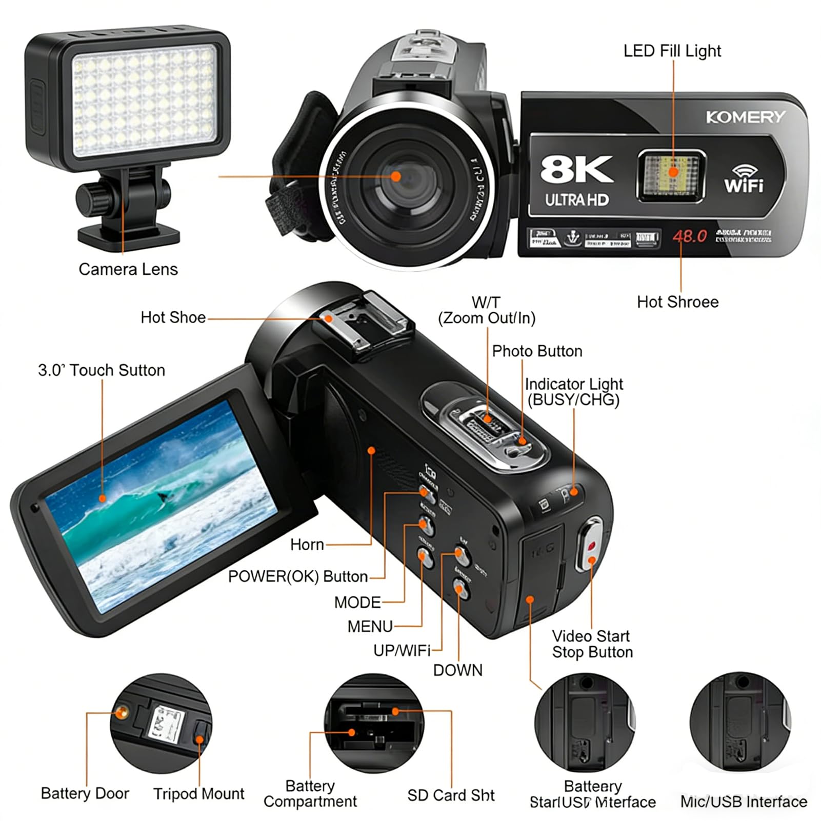 Amazon | Acogedor 8K ビデオカメラ ビデオカメラ、64MP 写真 & 18 倍