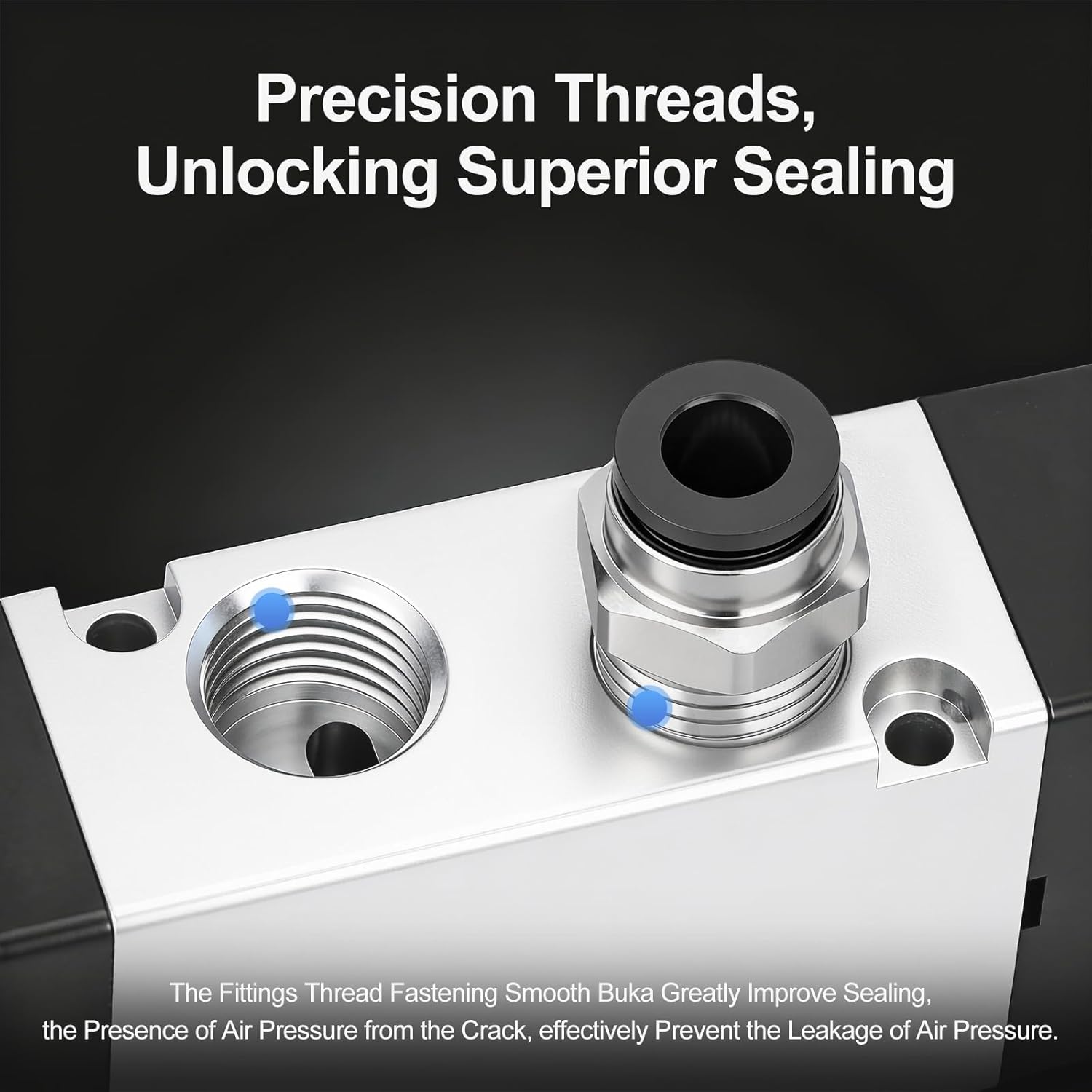 Close-up view of the precision threads on the solenoid valve ports, designed for secure sealing.