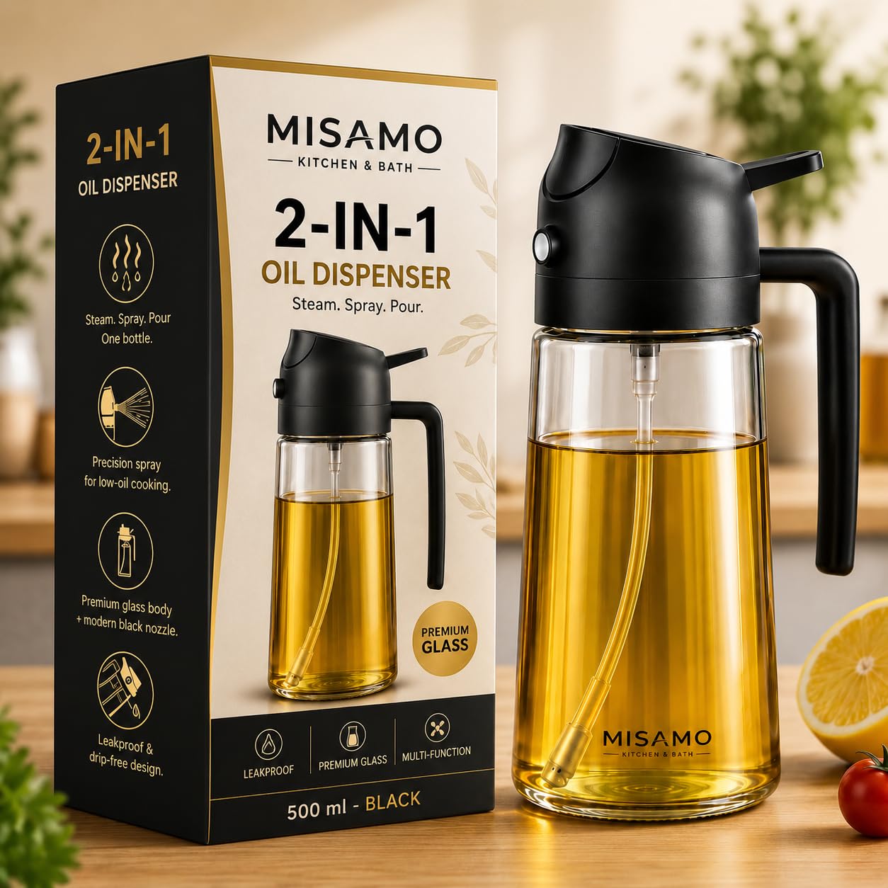 2-in-1 Oil Dispenser & Spray Bottle for Cooking | Glass Olive Oil Sprayer with Handle | Pour & Fine Mist Spray, Leak-Proof Oil Bottle for Air Fryer, Salad, BBQ & Kitchen (Black, 500 ml, Pack of 1)-image-45