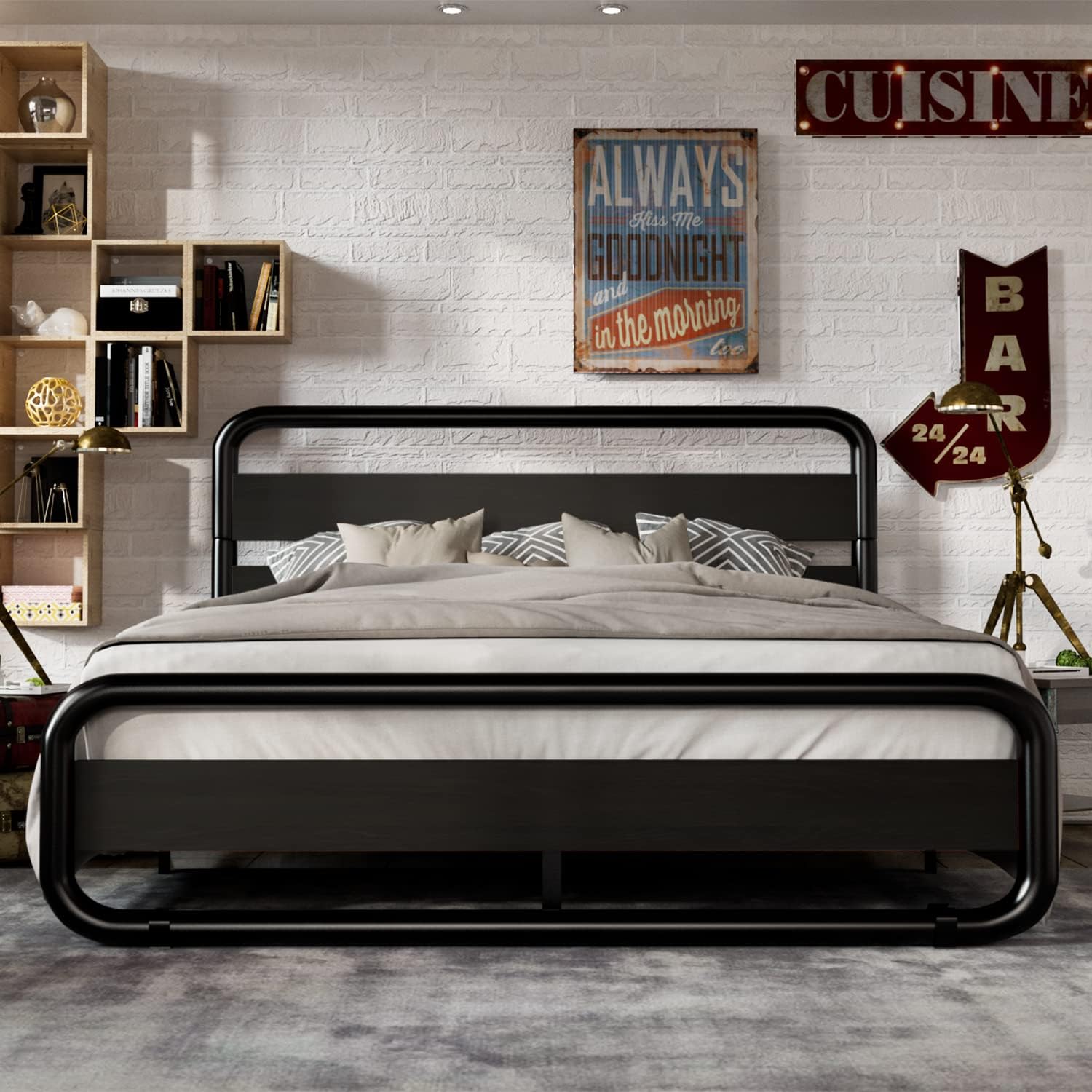 MUTICOR Queen Size Metal Bed Frame with Round/Curved Wooden Headboard and Footboard, Platform Bed Frame with Under Bed Storage, Strong Metal Slat Support, No Box Spring Needed, Modern, Black