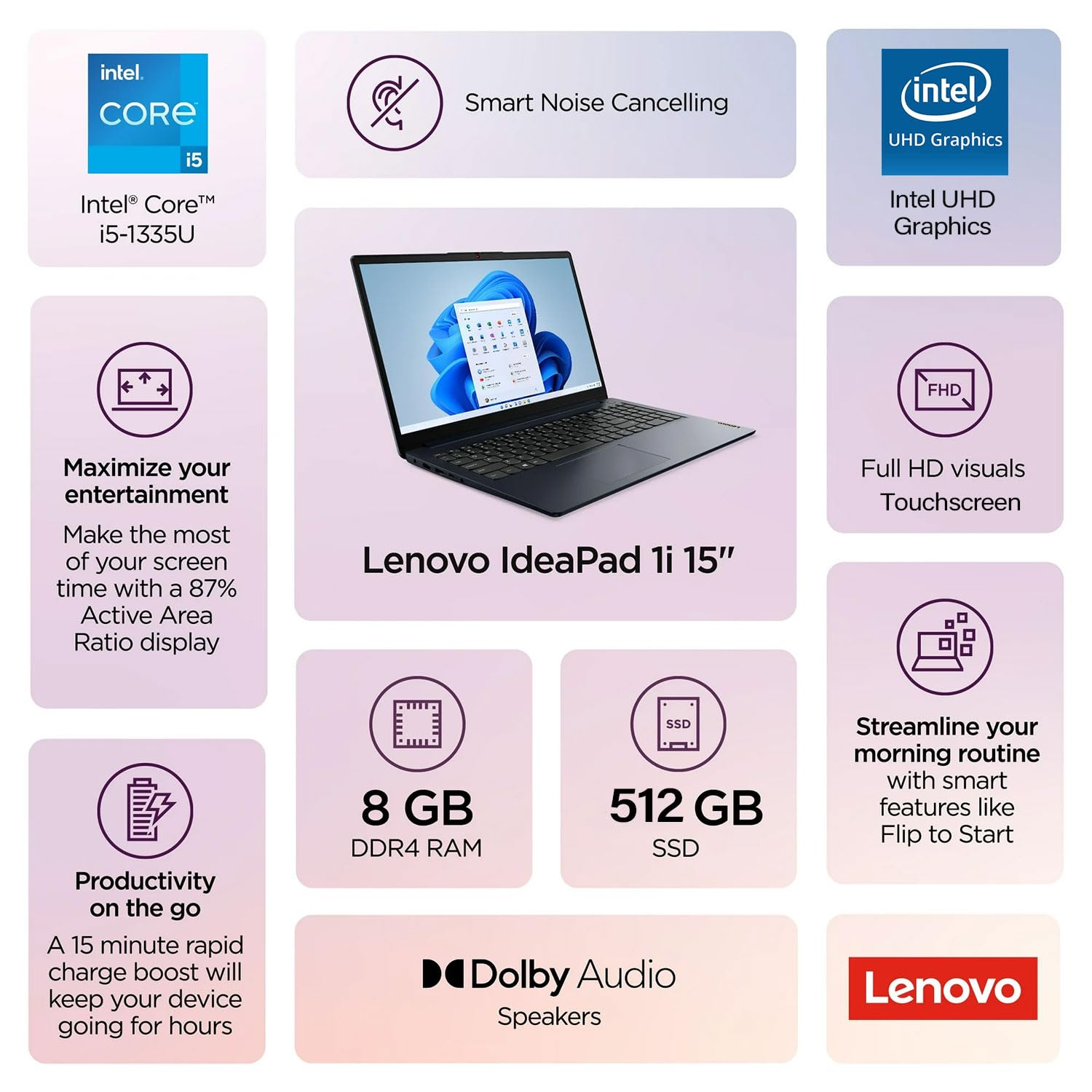 Lenovo IdeaPad 1 15.6" FHD Touchscreen Laptop, Intel Core i5-1335U, 16GB RAM, 512GB SSD, Webcam, HDMI, SD Card Reader, Wi-Fi 6, Win 11 Home, Abyss Blue, Bundle with Thunderobot ML101 Wireless Mouse