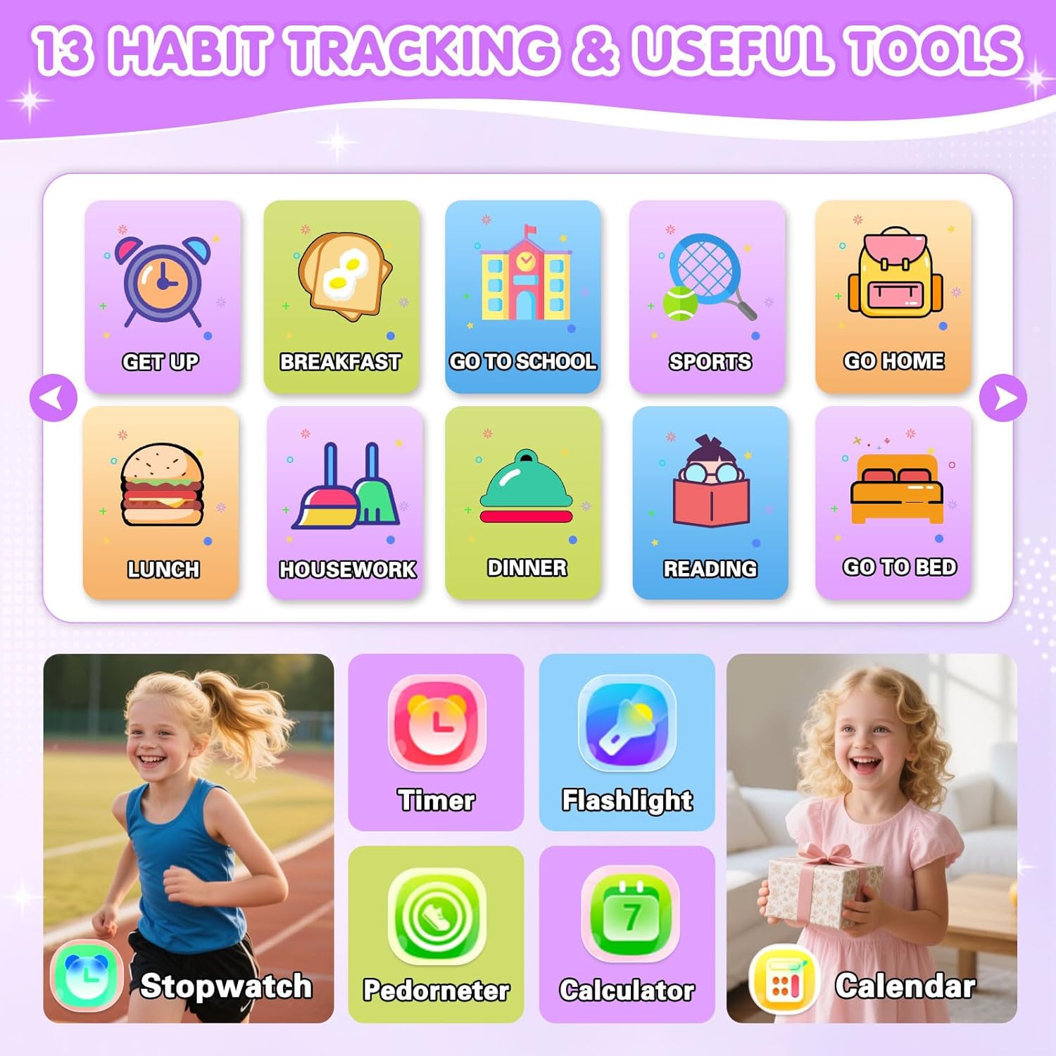 Contents of the MOFGDNI Kids Smart Watch S16G box, showing the watch, two bands, USB cable, screen protector, and silicone case.