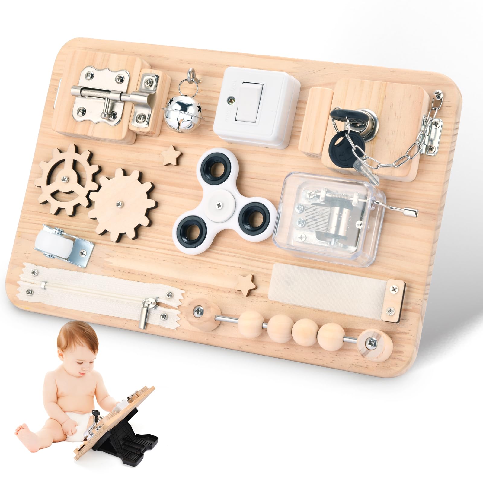 Amazon | モンテッソーリ 木製ビジーボード 12種類の知育玩具 感覚遊び