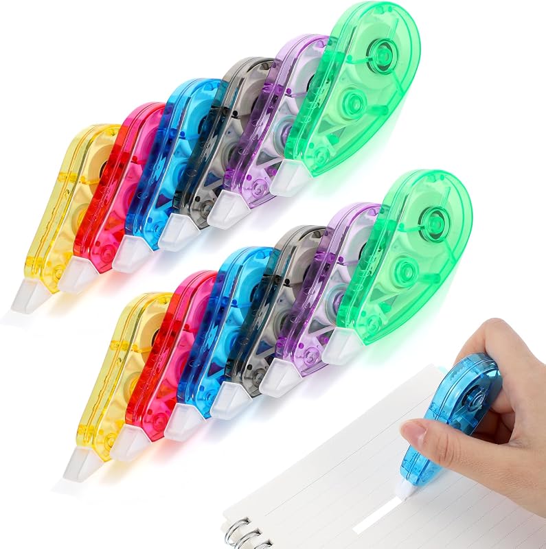 12 Pack Correction Tape, 6 Colors, 19.69 Ft Each, 5MM | Pet Film, Quick Dry, Smooth Application, for School, Office And Home Use