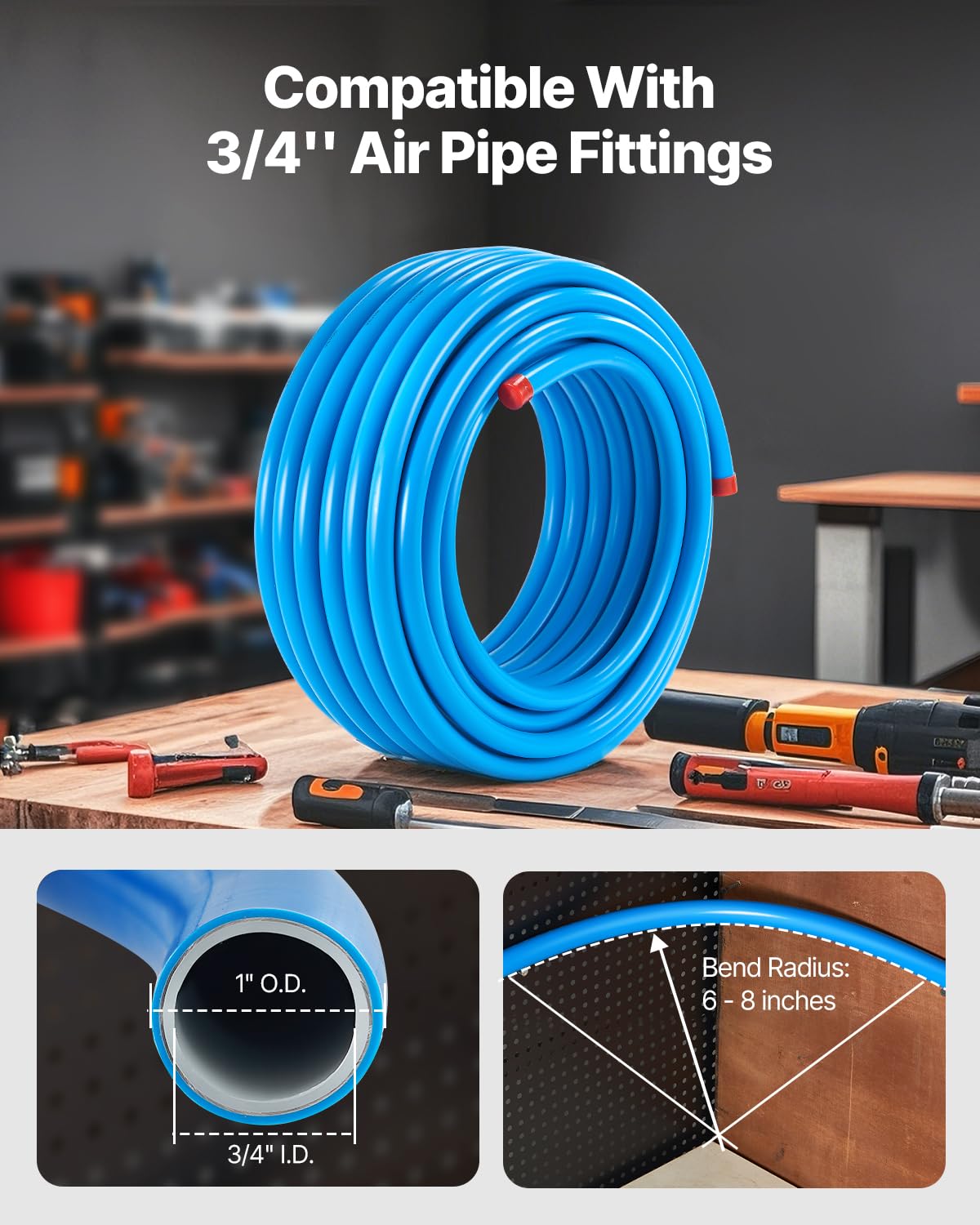 VEVOR Kit di Tubi per Compressore d'Aria 30,48 m x 19,05 mm Sistema di Tubazioni per Aria Compressa, a Prova di Perdite, Resistente alla Pressione, Kit di Tubi per Linee di Aria Compressa per Garage