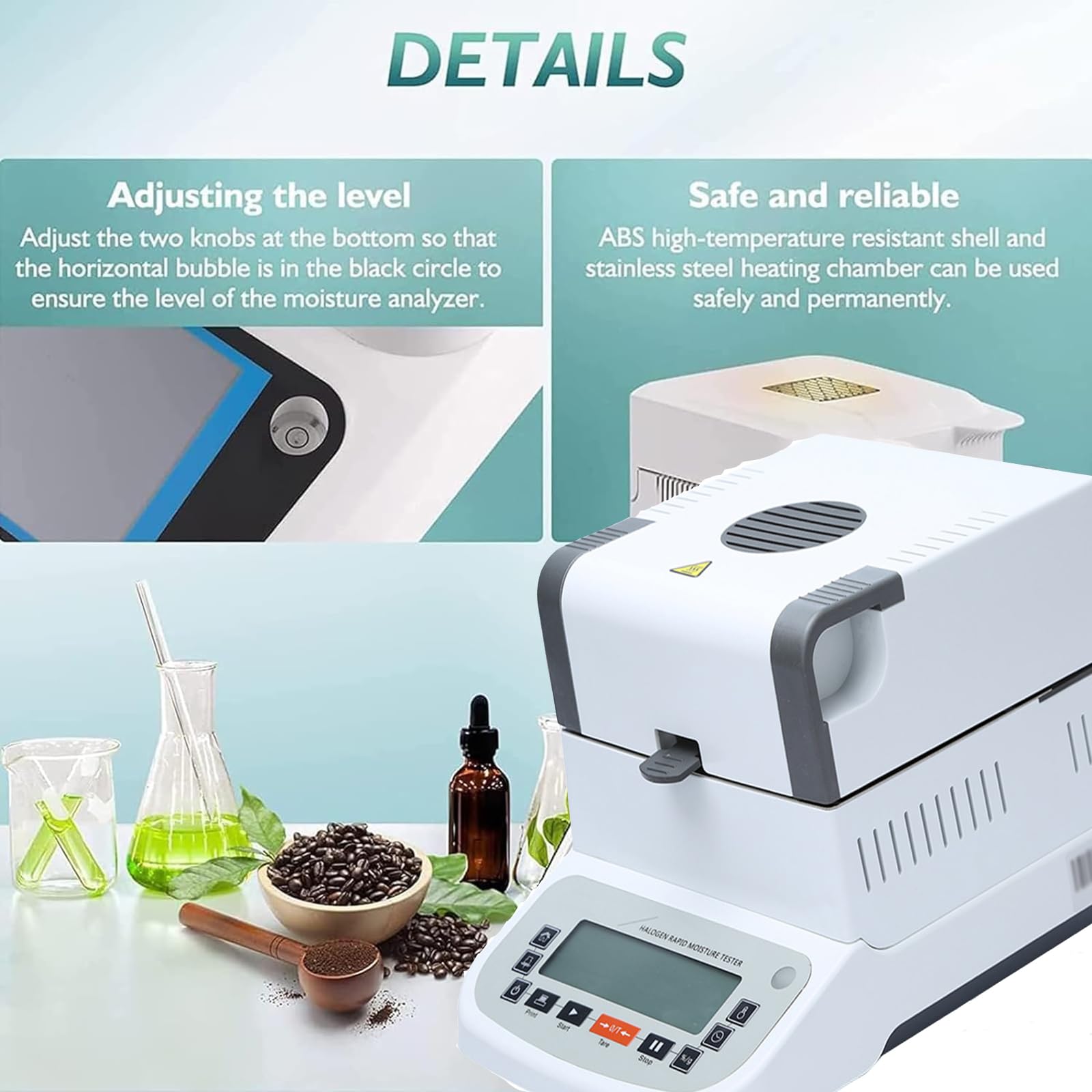 Analizzatore di umidità veloce, misuratore di umidità alogeno digitale touch screen 120 g/0,001 g, controllo della temperatura 40-160 °C, per test di polveri/piante/cereali/carne/alimenti