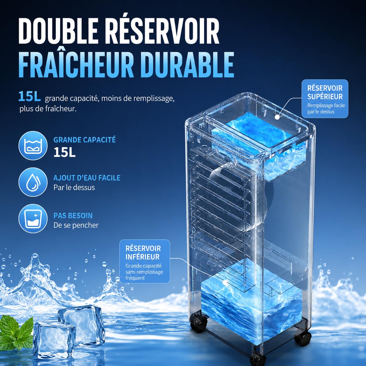 Rafraîchisseur d'Air Évaporatif 3 en 1, Ventilateur Refroidisseur avec Humidificateur, Réservoir 15 L, 3 Vitesses, 3 Modes, Oscillation 120°, Télécommande, Minuterie, 65 W, Sur Roulettes