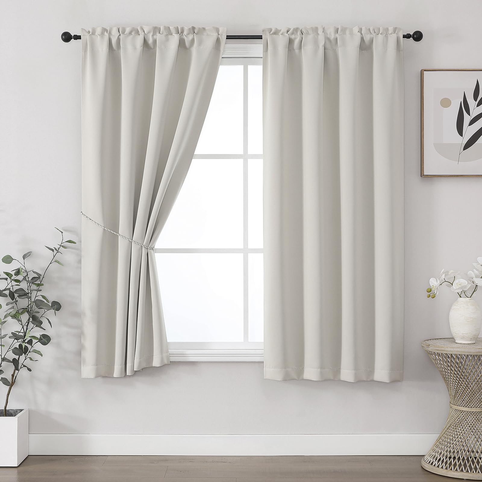 OVZME Natural Room Darkening Curtains for Bedroom 63 Inches Long 2 Panels, Thermal Insulated Energy Saving Blackout Curtains for Living Room, Dual Rod Pocket Blackout Drapes, 2x40Wx63L Inches