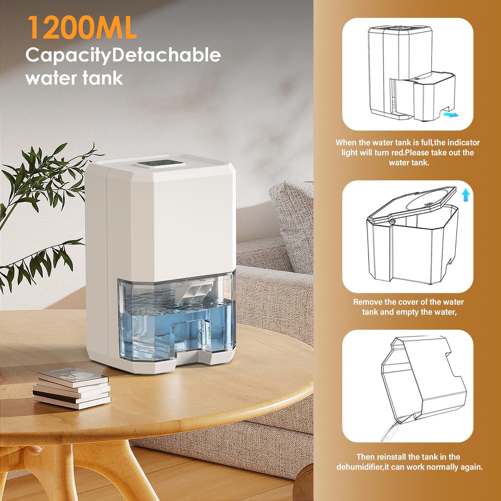 Deumidificatore Silenzioso 1200ML con spegnimento automatico, Timer 6-8-10 ore, Modalità sonno, Luce notturna a 7 colori, Portatile, per bagno, Camera da letto (410 ml/24 H)