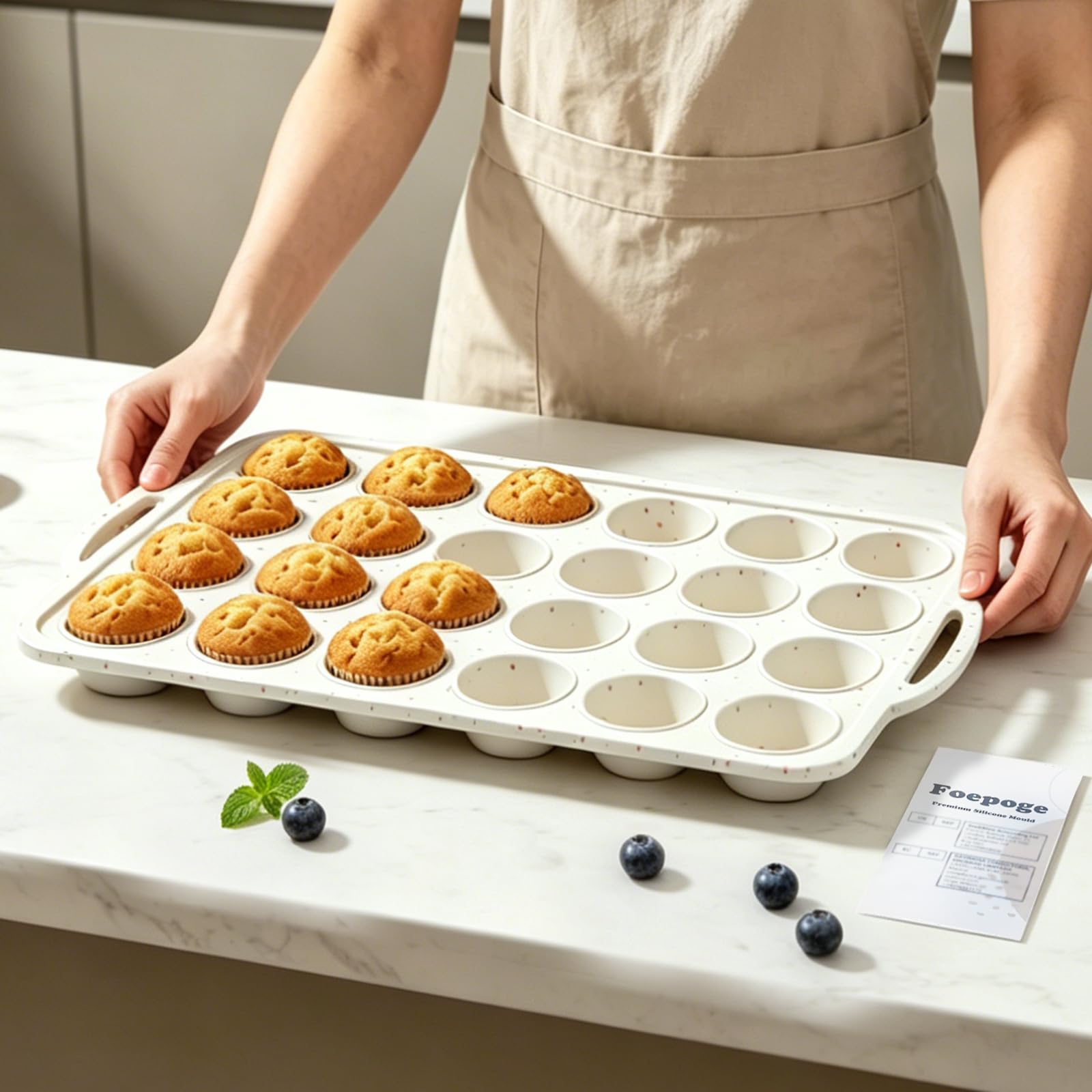 Foepoge Mini Muffin Tray for Baking: 24 Cup Silicone Cupcake Tray with Metal Frame&Handles - Spill-Free Transfer from Table to Oven - Non-Stick Silicone Mould - Cake Pop Out Easy - Ideal for Beginners