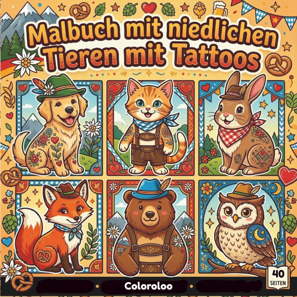 Malbuch mit niedlichen Tieren mit Tattoos: Niedliche Tiere mit Tattoo-Motiven | Ausmalbuch mit dicken Linien für Entspannung