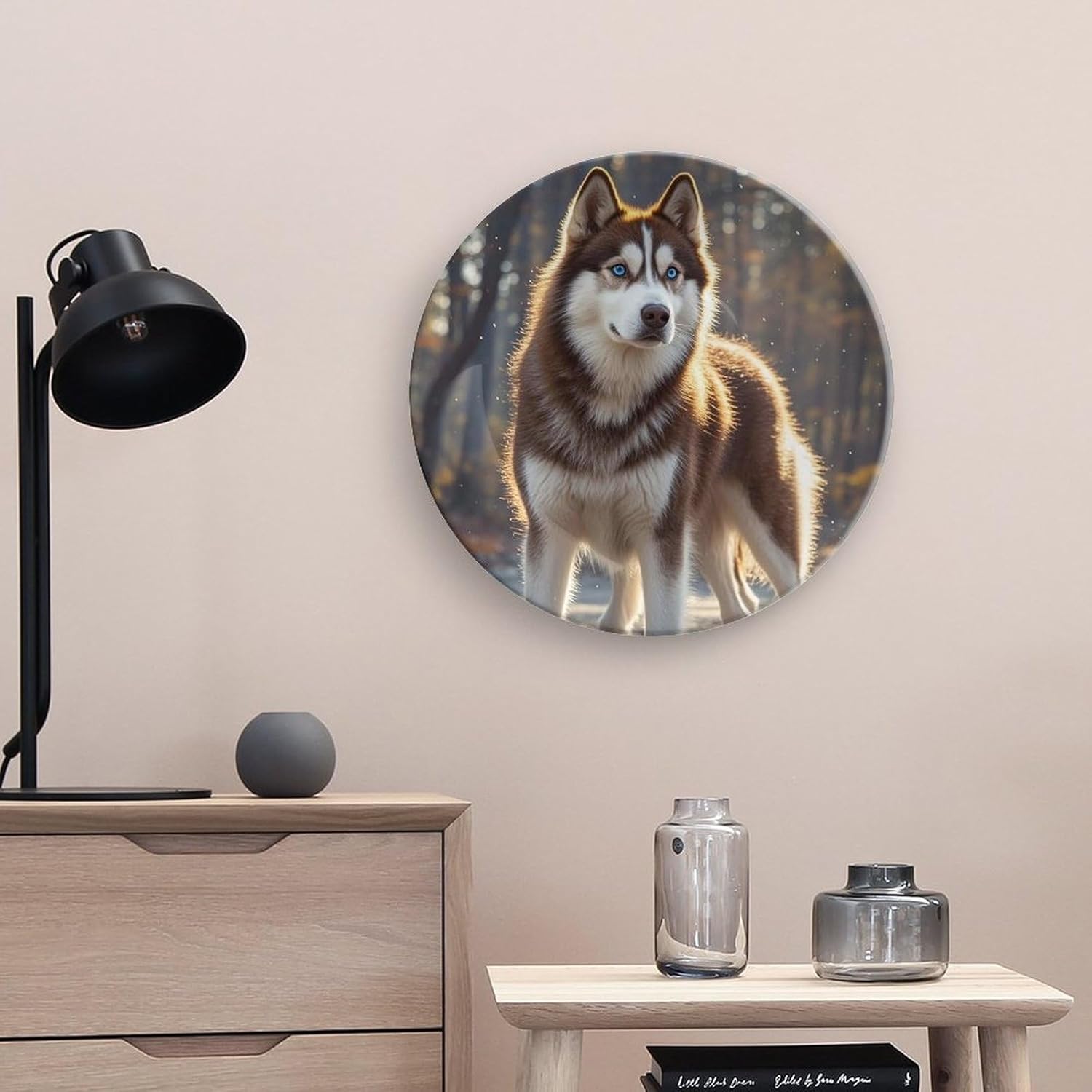 Husky Dog Ceramic Plate 10inch Decorative Bone China Wall Hanging Ornament Plates Bohemian Style Dinner Plate with Display Stand Cabinet Display Plates for Home Art Decor