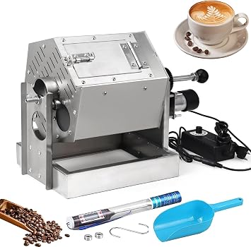 Coffee Roaster 3.4L Drum Type Coffee Bean Roaster with Thermometer, Adjustable Speeds Coffee Bean Baker Gas Burner, Stainless Steel Coffee Roaster for Home and Commercial Use