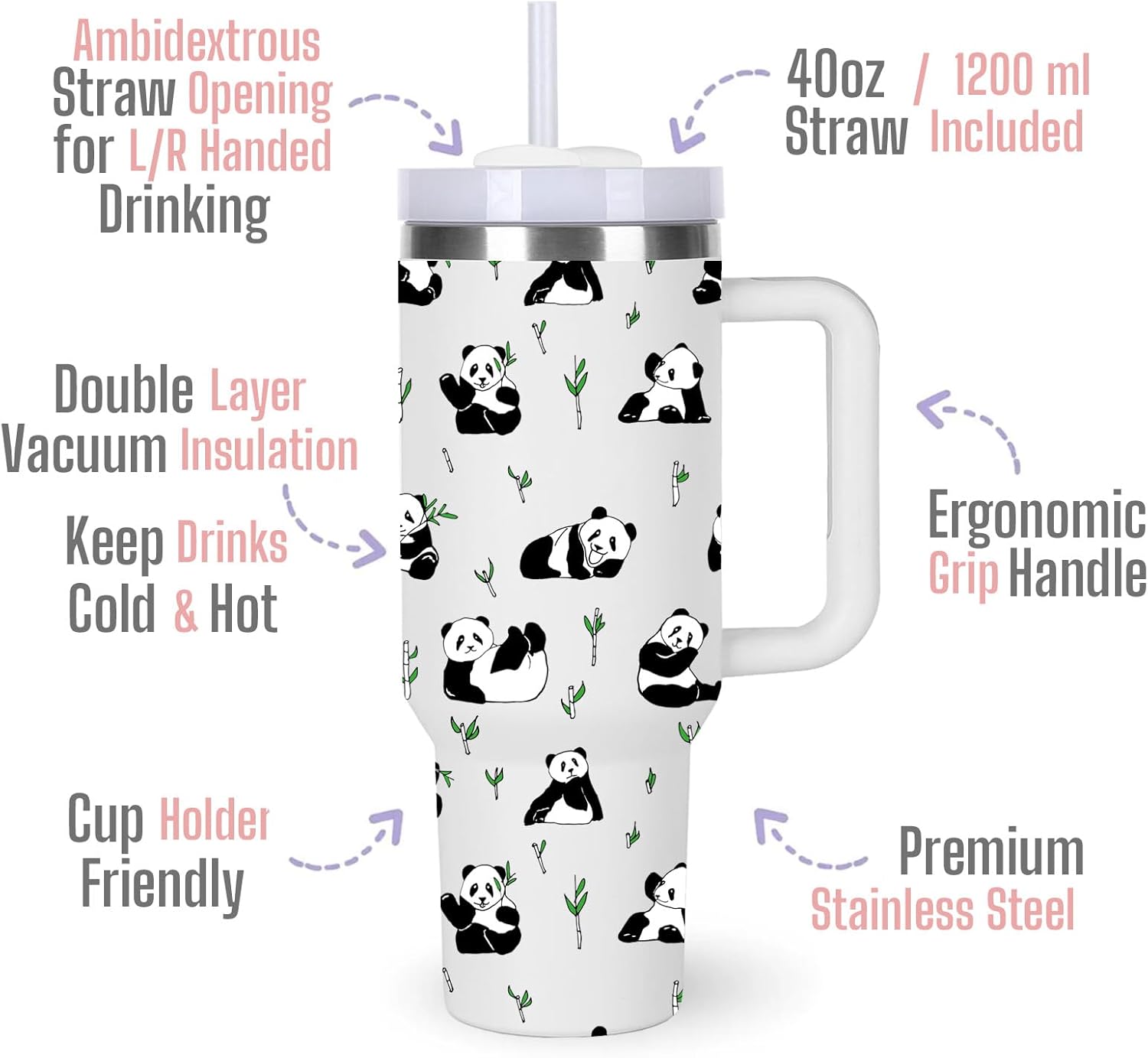 momocici 40oz Bamboo & Pandas Tumbler with Handle Gifts for Women.Panda Lover Cups Tumbler Gifts for Women.40 oz Birthday Christmas Panda Cup Tumblers for Pandas Lover. - Image 2