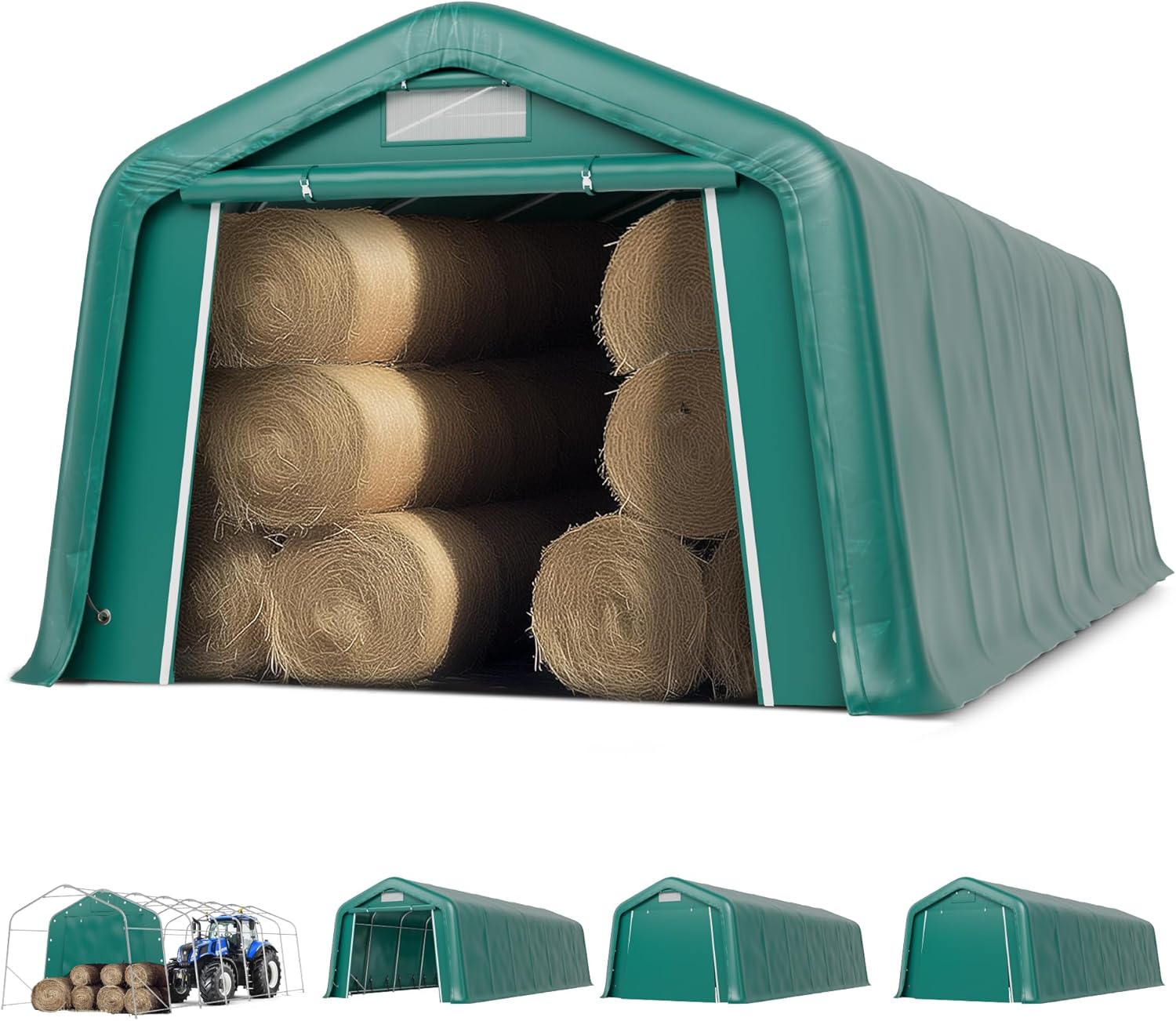 PHI VILLA 11'x28'x8.4' Outdoor Portable Agricultural Storage Canopy with Roll-Up Zipper Doors & Vents - Waterproof, UV Resistant, Anti-Snow Farm Equipment Shelter Tent, Green