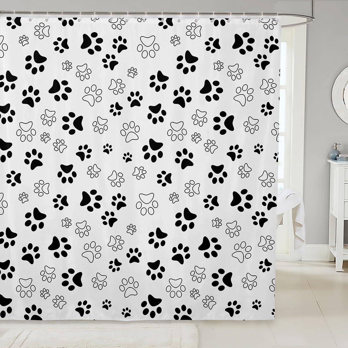 Dog Paw Print Shower Curtains White and Black Animal Footprint Waterproof Bath Curtains with 12 Hooks Suits for Bathtub, Animal Theme Bathroom