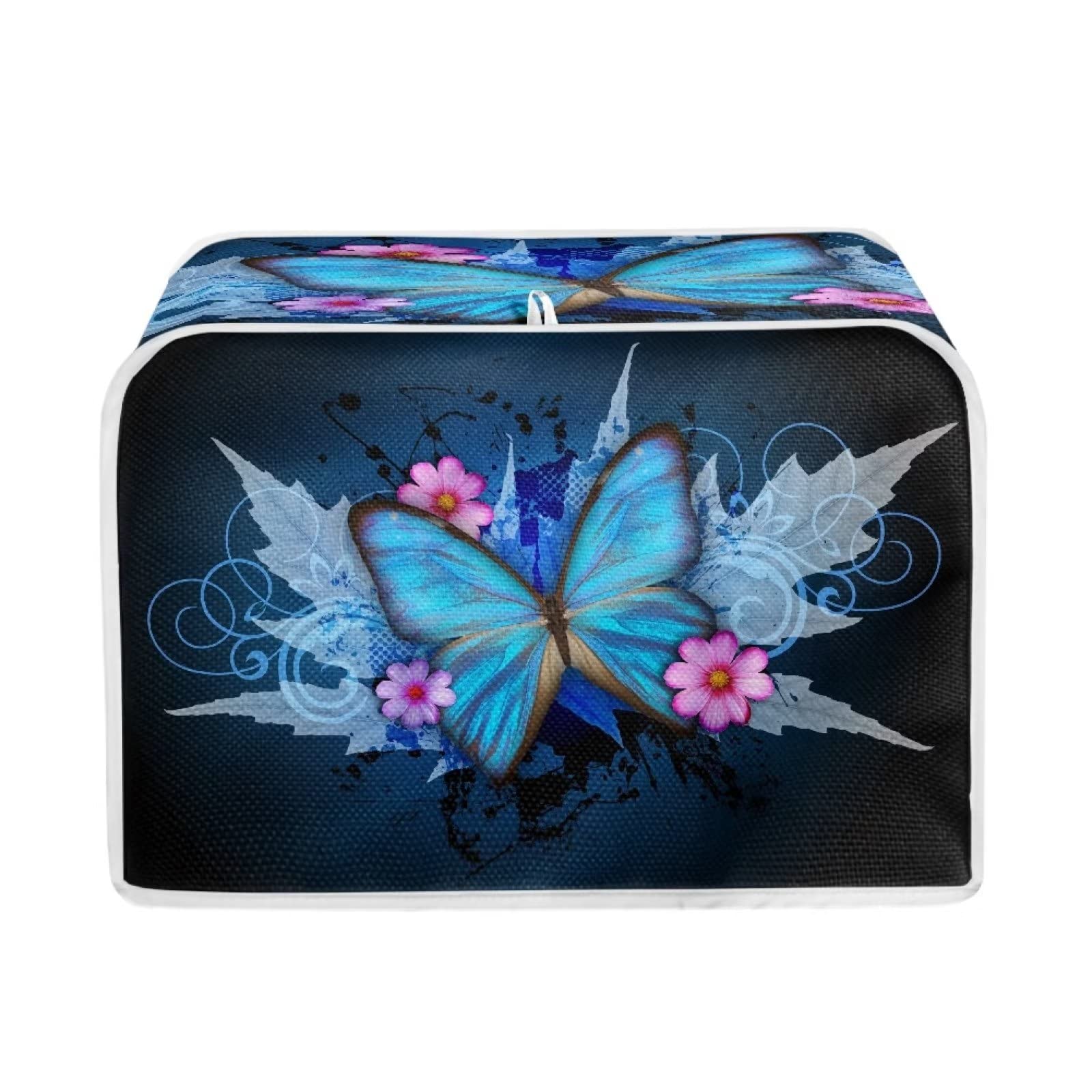 Xoenoiee Blue Butterfly Toaster Cover With Top Handle - 2 Slice Small Appliance Bag, Washable Dust Protection for Oven, Flowers Leaf Pattern, M