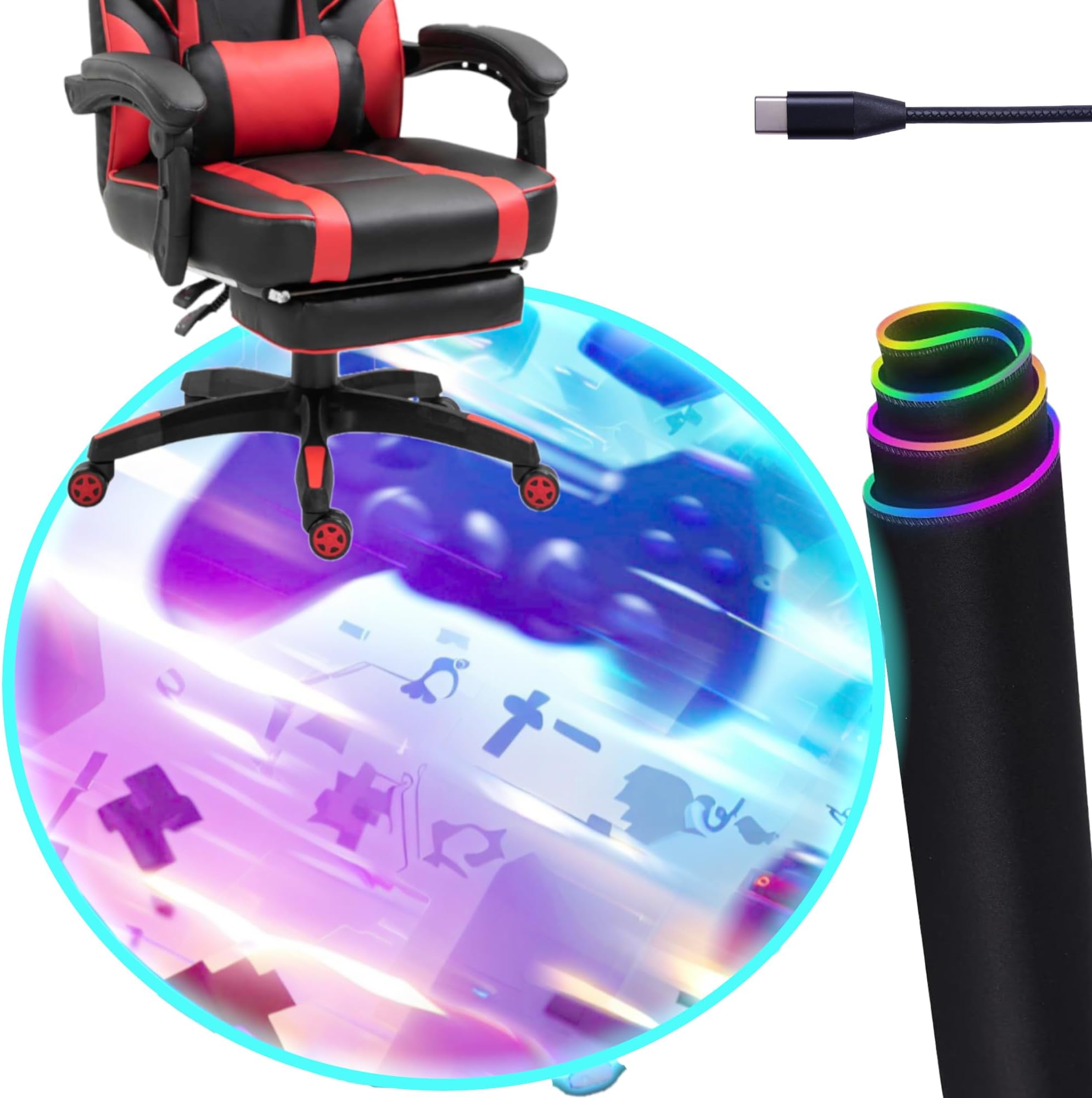 DEALZOOM Gaming Chair Mat RGB Gaming Lights (Galaxy Controller 47”) - Noise Cancelling, Anti-Slip Gamer Floor Mat – Scratch Resistant Computer Gaming Mat for Chair – Chair Mat for Hardwood Floor