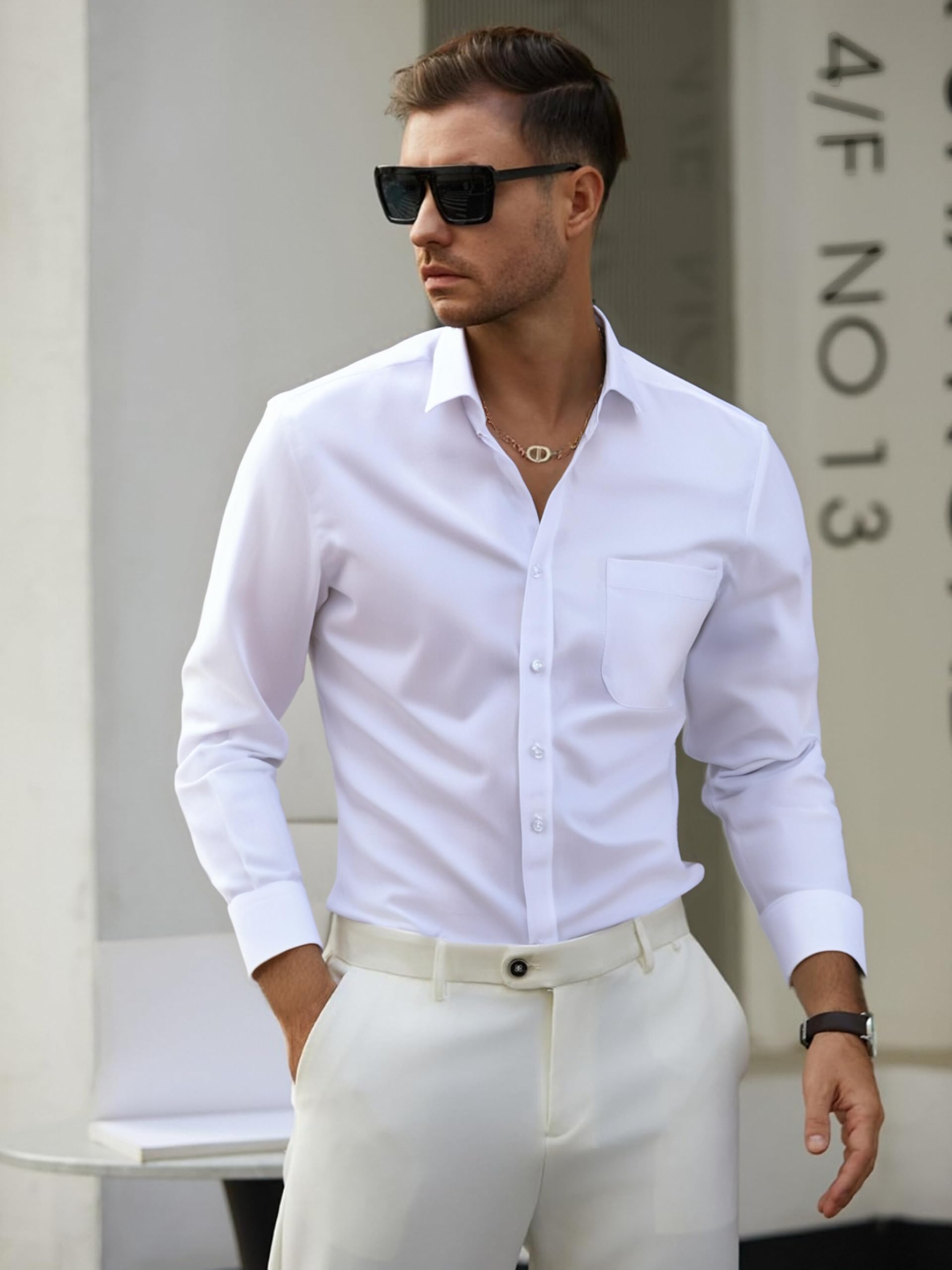 Mens Weave Button Down Shirts Business Casual Long Sleeve Slim Fit Shirt