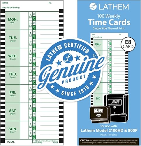 Miniatura 4 de Lathem Paquete de tarjetas de tiempo semanal para empleados, 100 hojas de tiempo de impresión térmica E8, de una sola cara con días nombrados