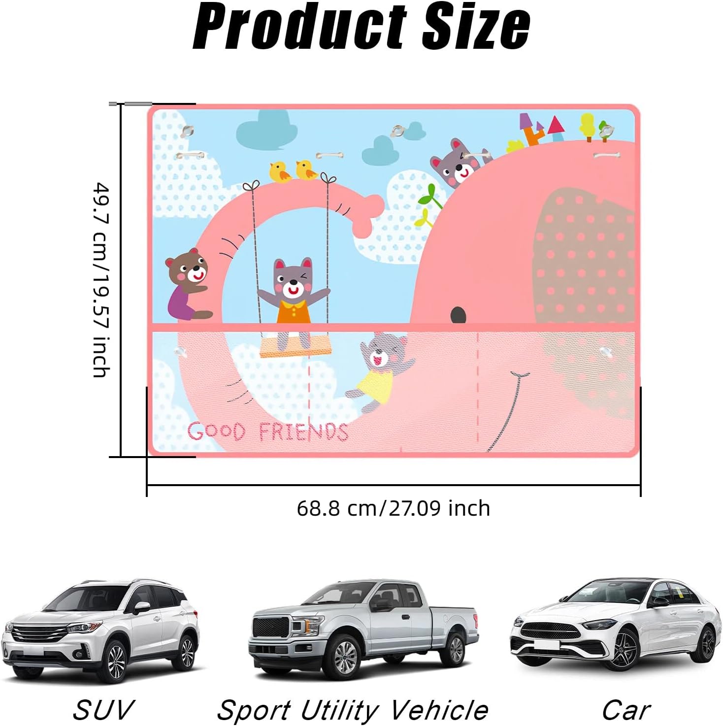 Car Window Shade for Baby, Car Sun Shade Curtain with Storage Pockets & Suction Cups, Cartoon Sun Blocker Blind for Side Windows, Blocks Heat, Privacy Cover for SUV Sedan (Pink Elephant)