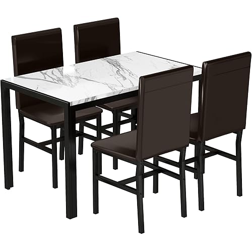 AWQM Dining Table Set for 4, Modern Kitchen Table and Chairs Set, Faux Marble Tabletop and 4 PU Leather Upholstered Chairs Dining Set for Living Room, Kitchen, Dining, Compact Space - White