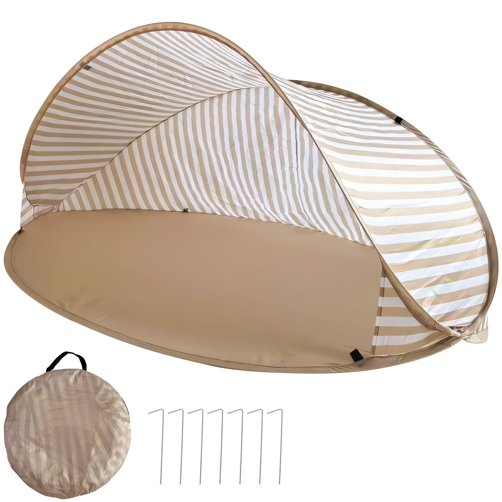 Strandmuschel Pop Up 3-4 Personen, Strandzelt Strand Zelt mit 50+ UV-Schutz, Tragbarer Automatisches Windschutz Wurfzelt mit Tragetasche und Heringe für Familie Camping Garten (Khaki)