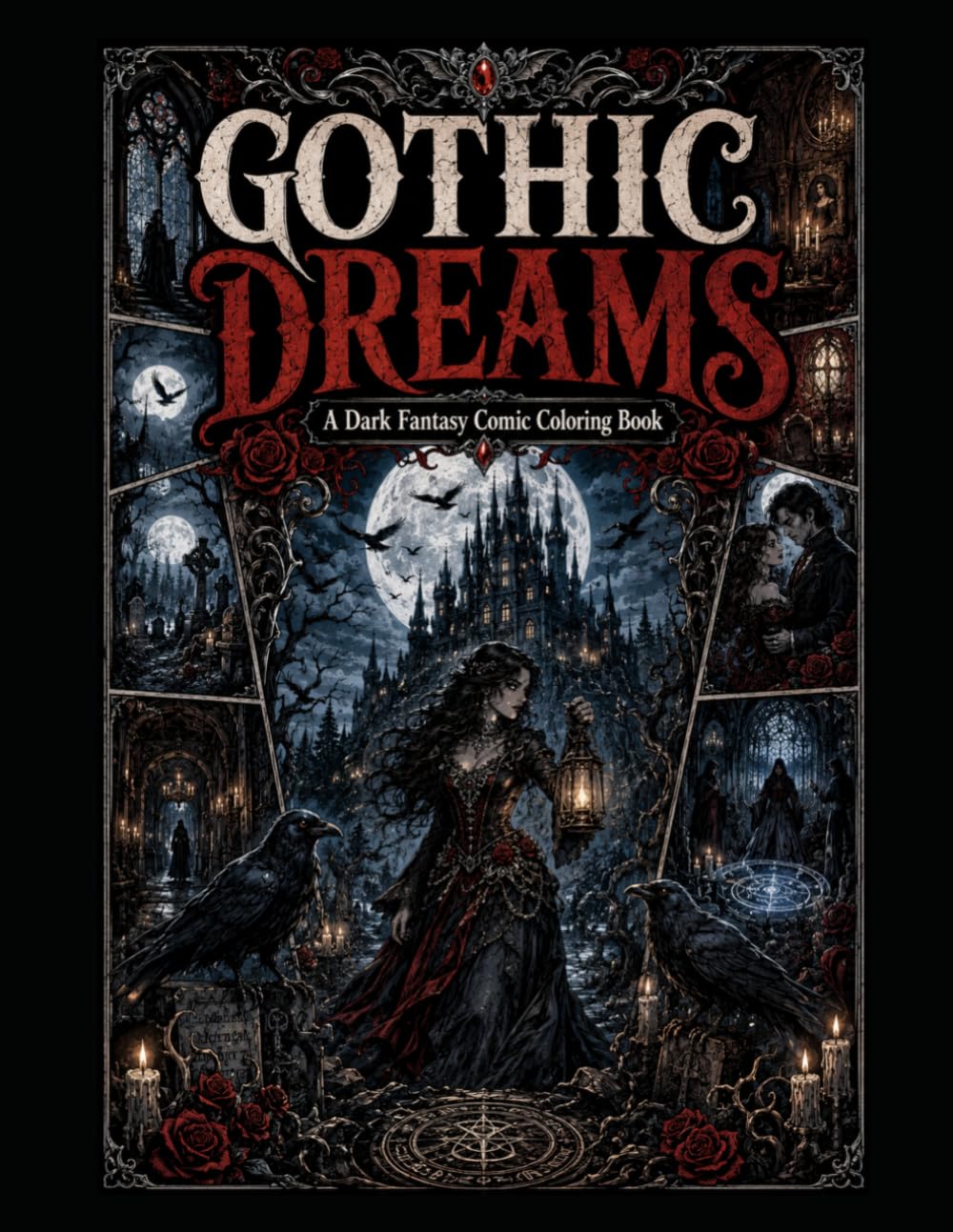 Gothic Dreams Coloring Book: Dark Fantasy Gothic Coloring Pages with Skulls, Roses, Ravens, Witches and Magical Designs for Adults