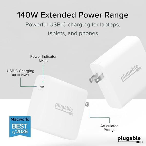 Plugable 140W USB C Charger, GaN Wall Charger for Laptop, PD 3.1 (EPR) Power Adapter, Compatible with MacBook Pro, MacBook Air iPad Pro, Surface and USB-C Devices