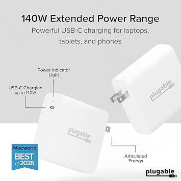 Plugable 140W USB C Charger, GaN Wall Charger for Laptop, PD 3.1 (EPR) Power Adapter, Compatible with MacBook Pro, MacBook Air iPad Pro, Surface and USB-C Devices