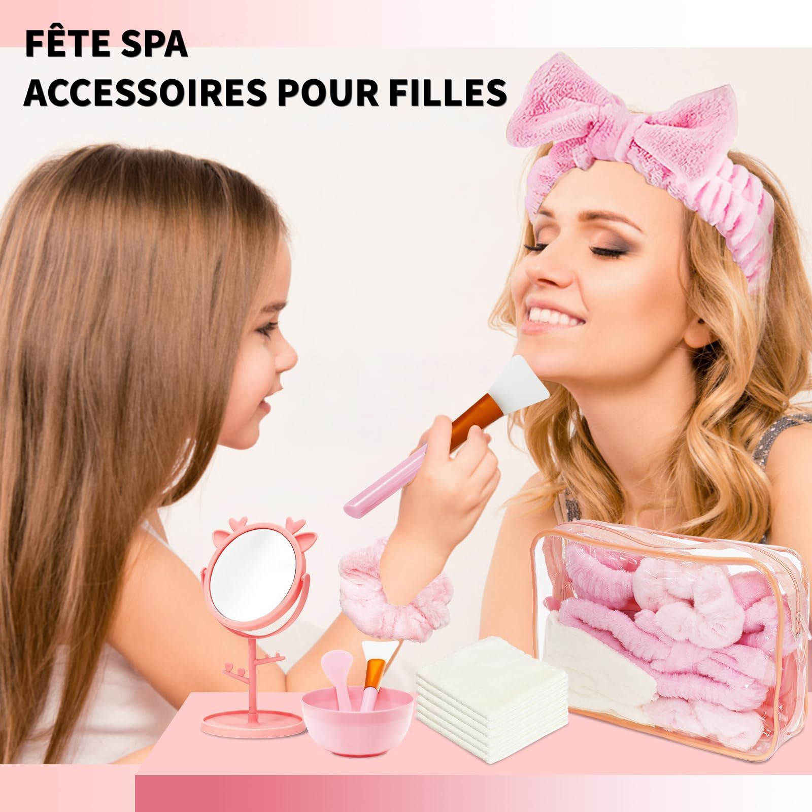 Juego de 48 kits spa rosa – estuche spa para mujer 6 personas con cuencos de máscara, pinceles, espátulas, espejos, estuches de maquillaje, bandas, cochus, toallas para noche de pijama, cumpleaños