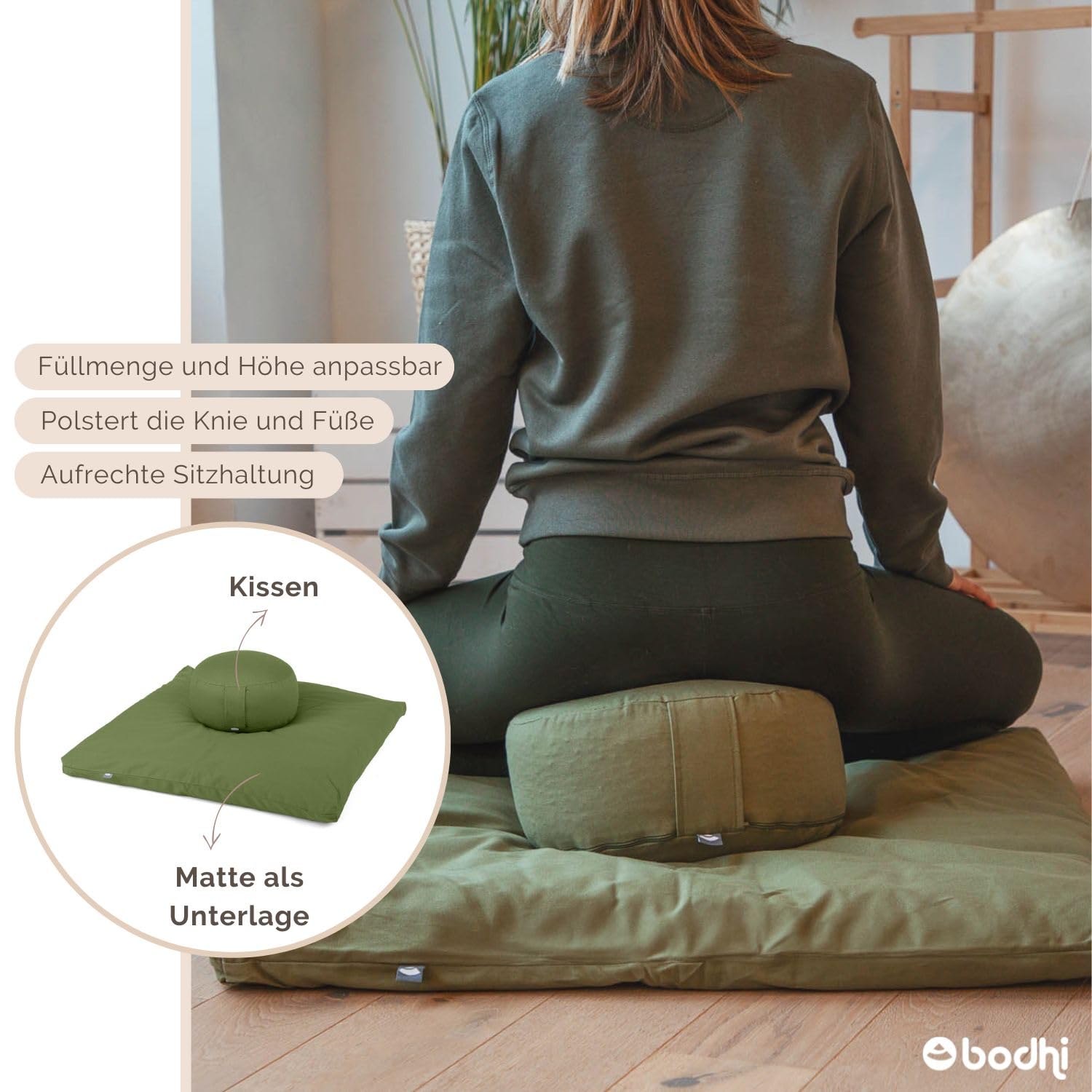 Bodhi Meditations-Set | ECO Serie | Meditationsmatte (Zabuton) & Rondo Meditationskissen | Mit Bio-Dinkelfüllung | Bezug aus 100% Bio-Baumwolle | Meditationsunterlage & Kissen (Light Taupe)