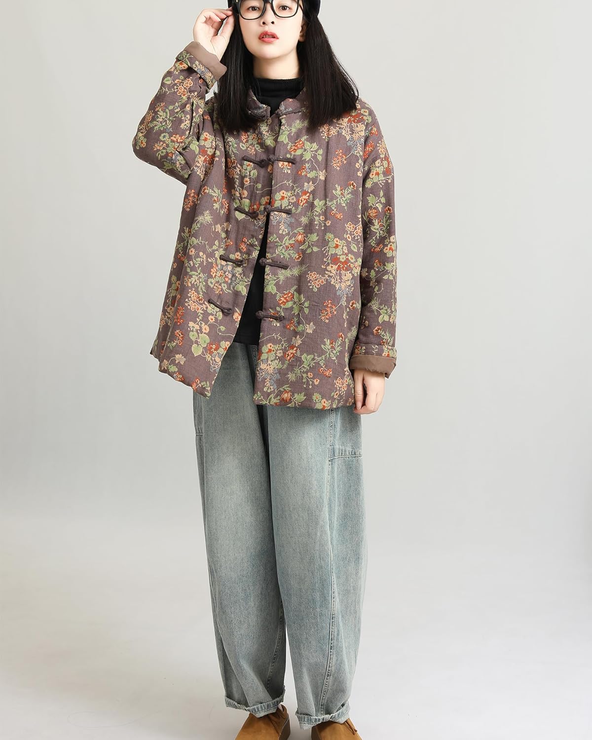 LZJN Women's Floral Print Cotton Quilted Long Jacket Loose Casual Coat with Pockets Vintage Outwear - Image 2