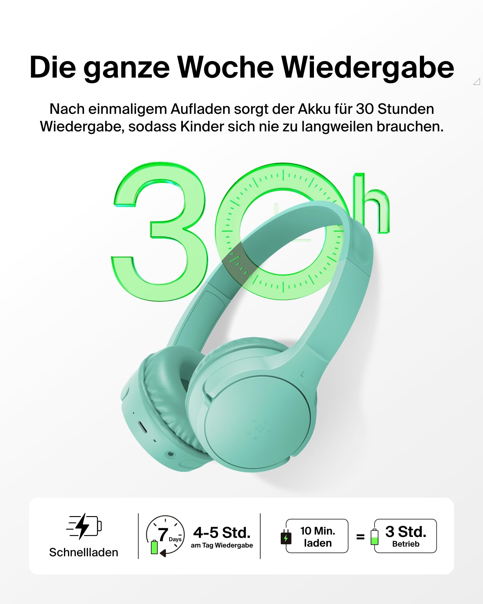 Belkin SoundForm Mini kabelloser Kinderkopfhörer mit integriertem Mikrofon und lustigen Aufklebern, 30 Std. Wiedergabe – Over-Ear-Kopfhörer für Unterricht, Ferien, iPhone, iPad, Galaxy – Mint