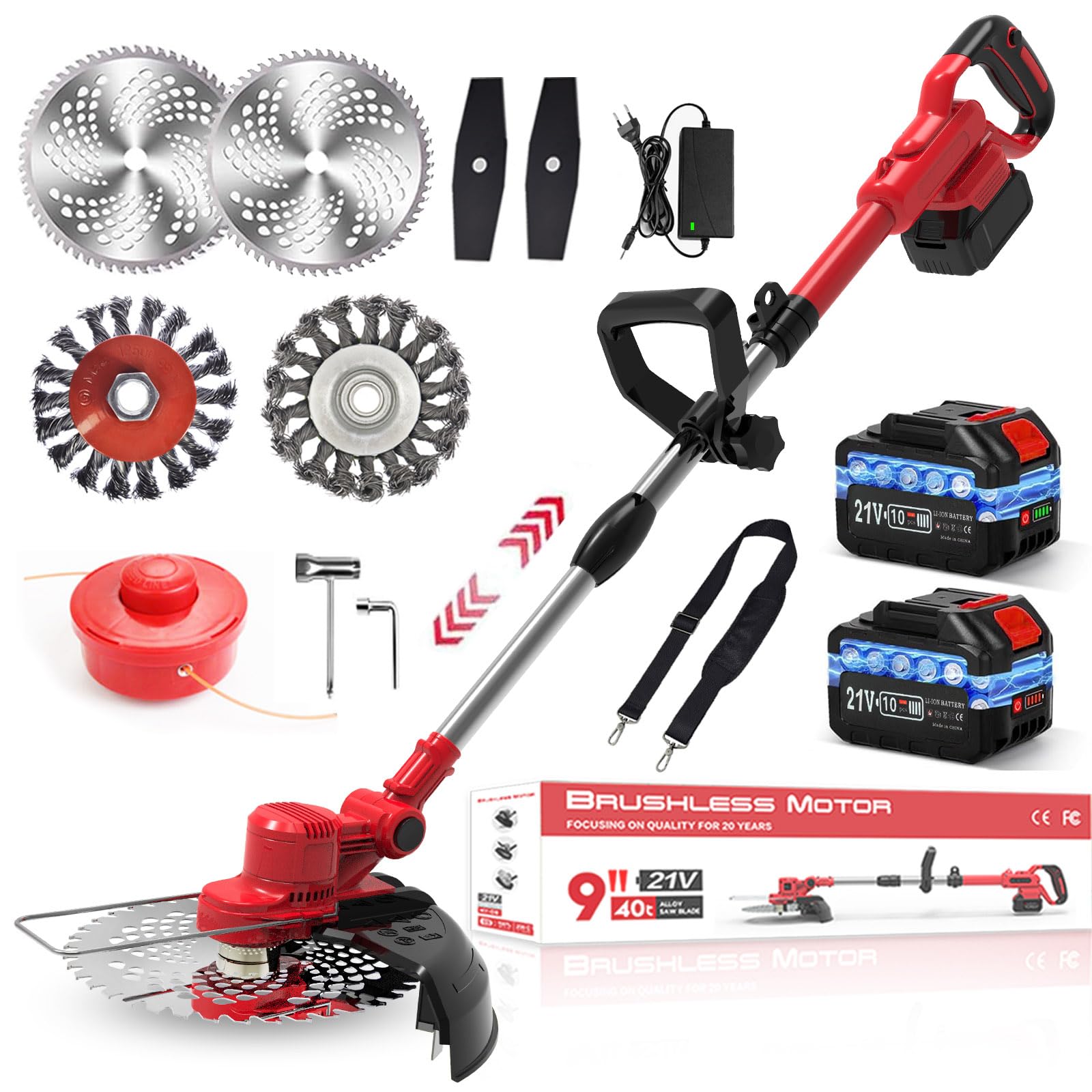 Rasentrimmer mit Akku und Unkrautbürste, 21V-4,0Ah Akku Rasentrimmer für Makita Akkus, 4 in 1 Freischneider akku, 750W Bürstenloser Motor, 1-45CM Teleskopstiel, für Garden Trimmen (rosa)
