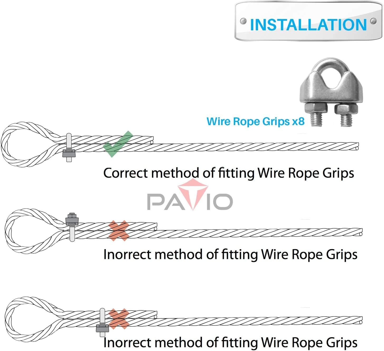 Patio 3/16 inch Stainless Steel Wire Rope, 157 Ft Steel Cable and 8 Pcs Clamps Coated, 7x19 Stand Core Metal for Picture Hanging, Light Zip Line, Fencing Wire, Shade Sail Hardware Kit