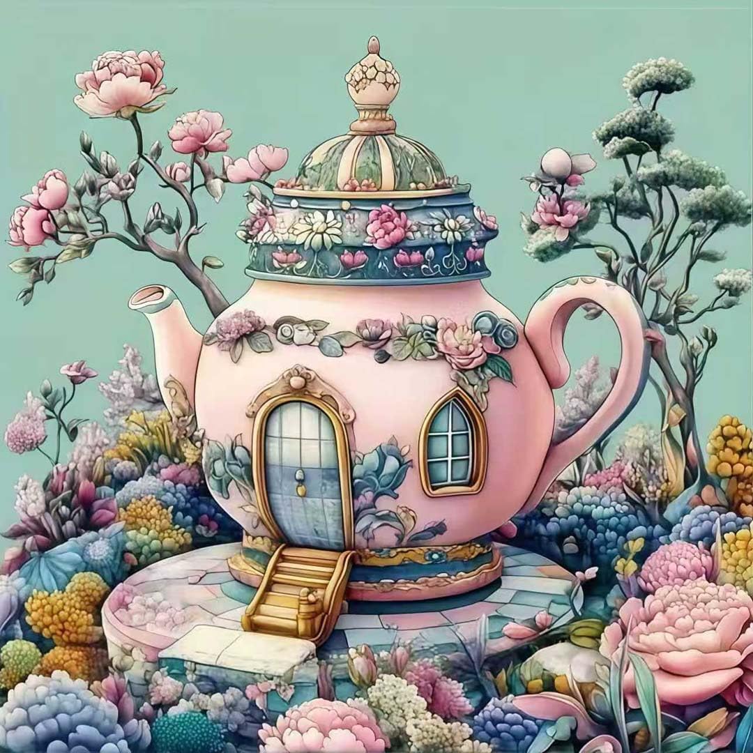 Teapot Castle Diamond Art Kits for Adults,5D Diamond Painting Kits for Beginner,DIY Full Round Drill Flower Diamond Dot Gem Painting With Dot Art Craft Kits for Home Wall Decor 13.79 x 13.79inch