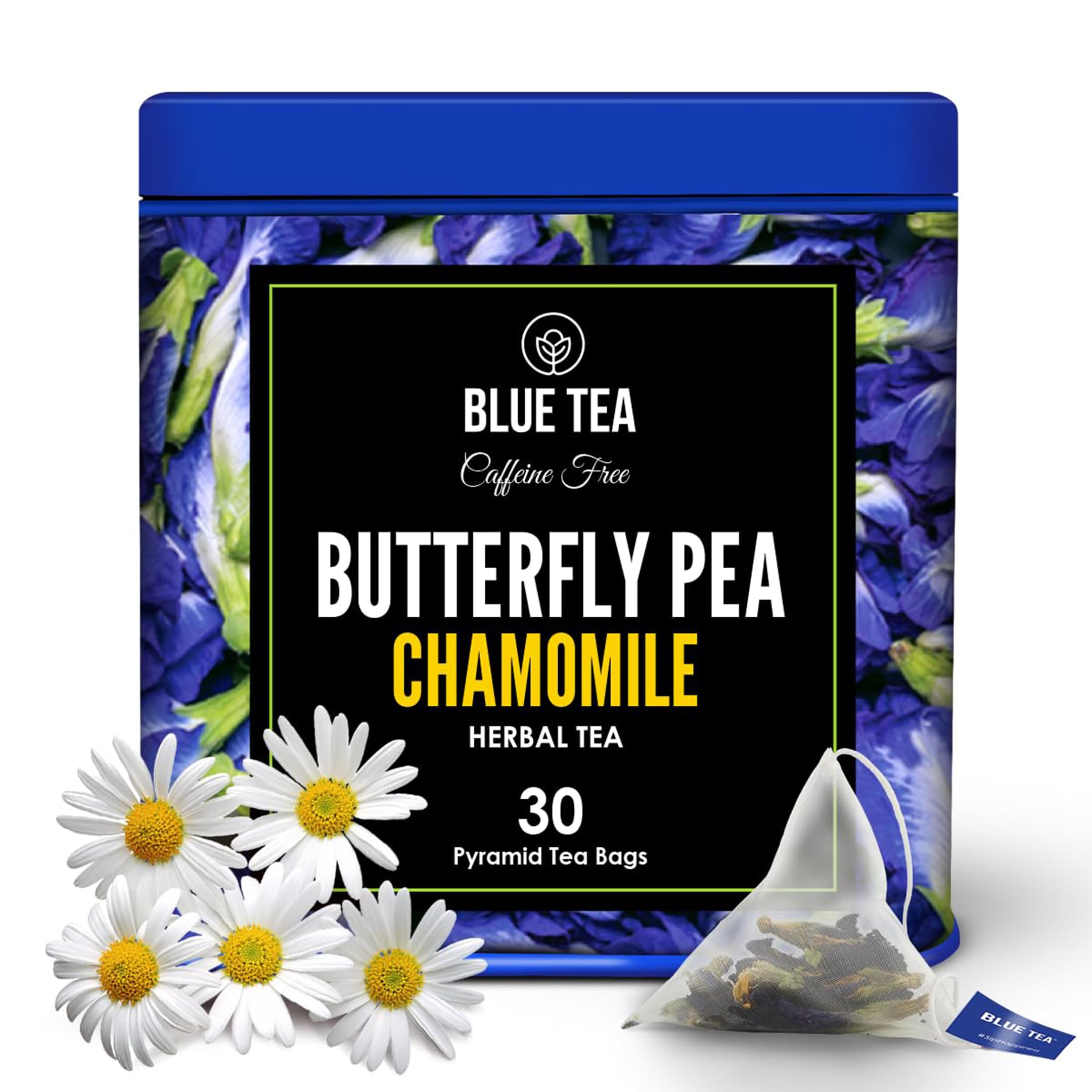 BLUE TEA - Butterfly Pea Flower Tea - Chamomile - 30 Count - Pyramid Plant Based Tea Bag | ANTIOXIDANT RICH | Caffeine Free - Flower Based - Calming Tea - Non-Bitter - Non-GMO | Tin Packaging