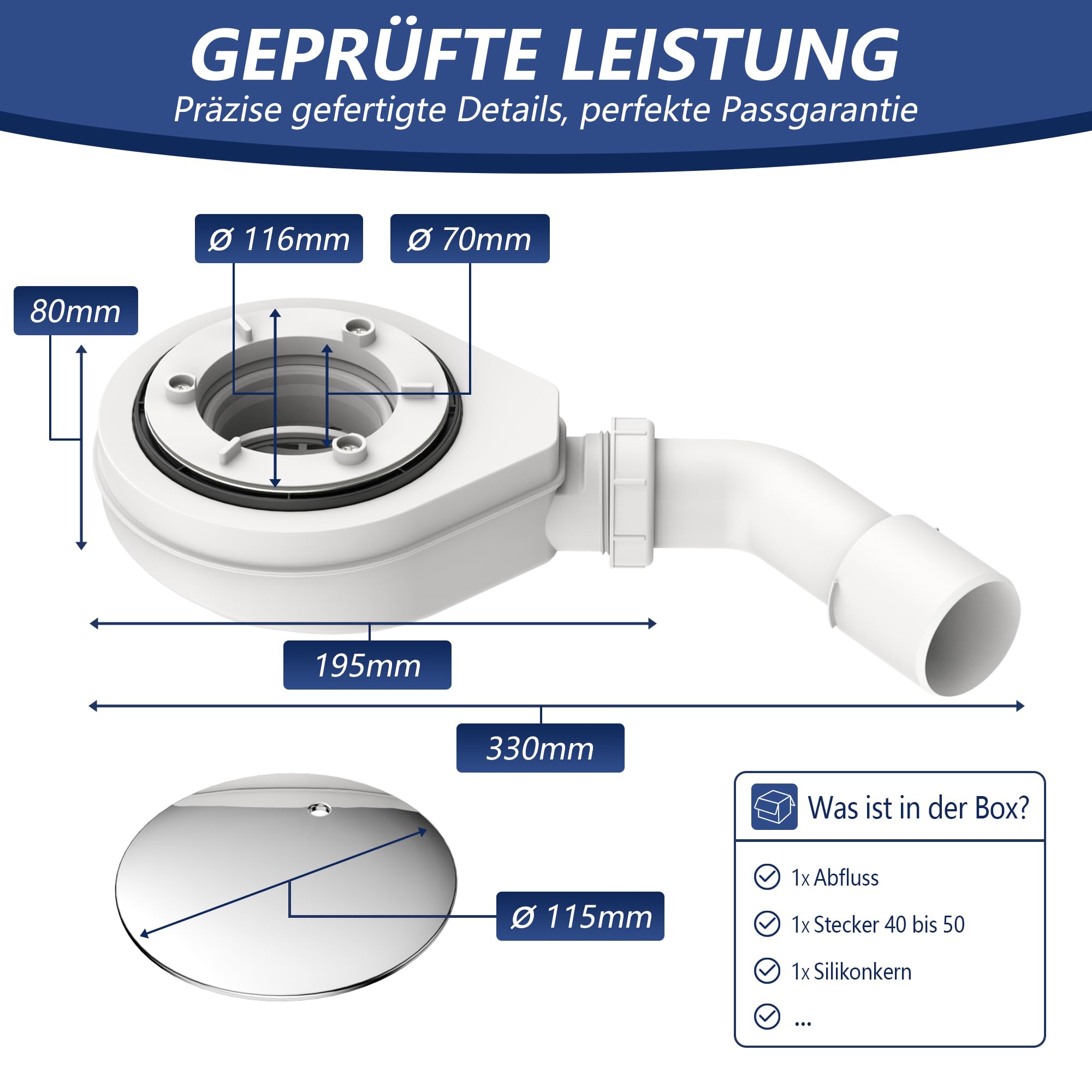 Ablaufgarnitur für Dusche & Badewanne - Duschablauf Flach - Garnitur für Duschablauf & Badewannenablauf mit Geruchsstop - Duschabfluss & Badewannenabfluss mit Chrom Abdeckung 06