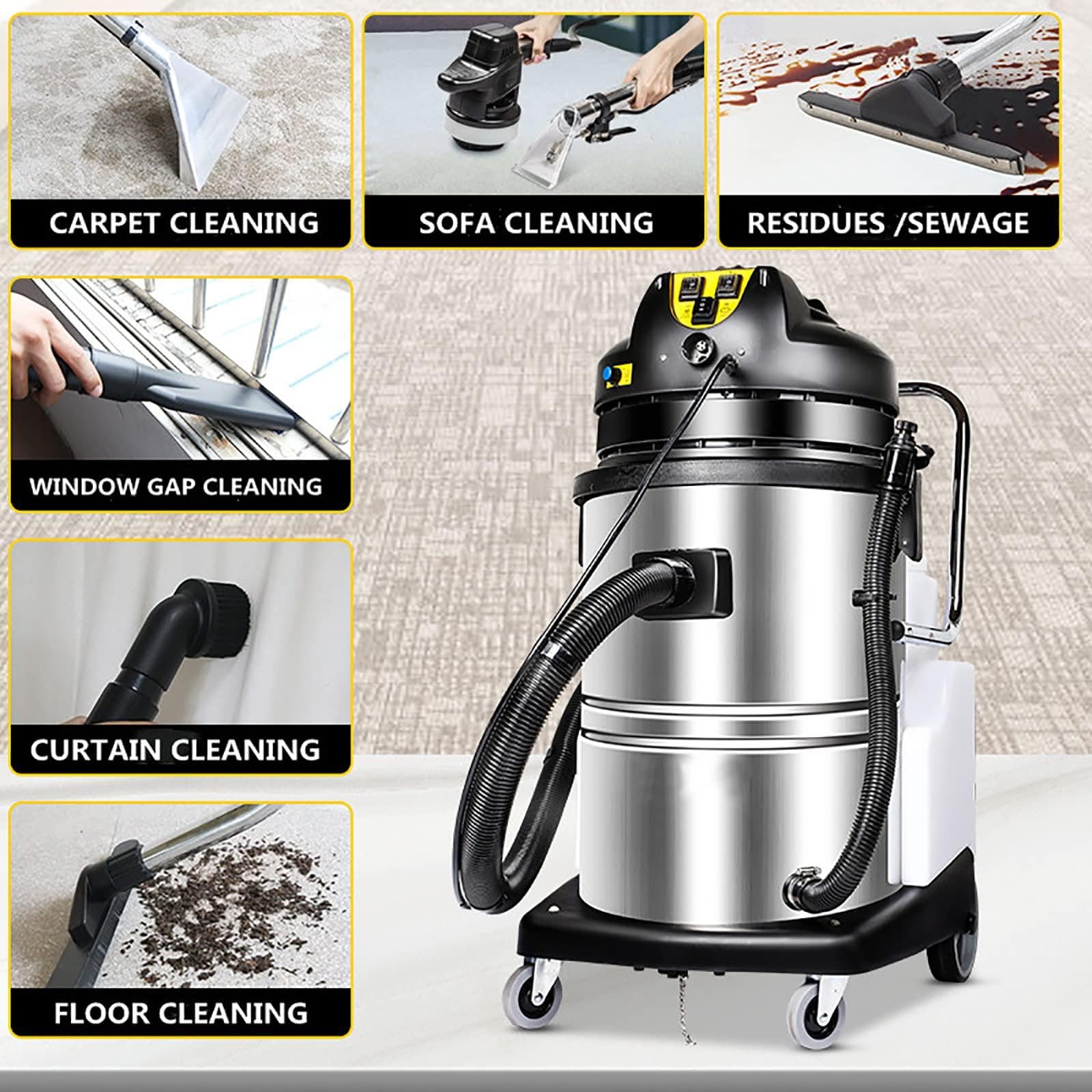 Máquina limpiadora de alfombras, 1000 W, acero inoxidable, limpieza profunda para alfombras, sofás, cortinas, uso doméstico y comercial