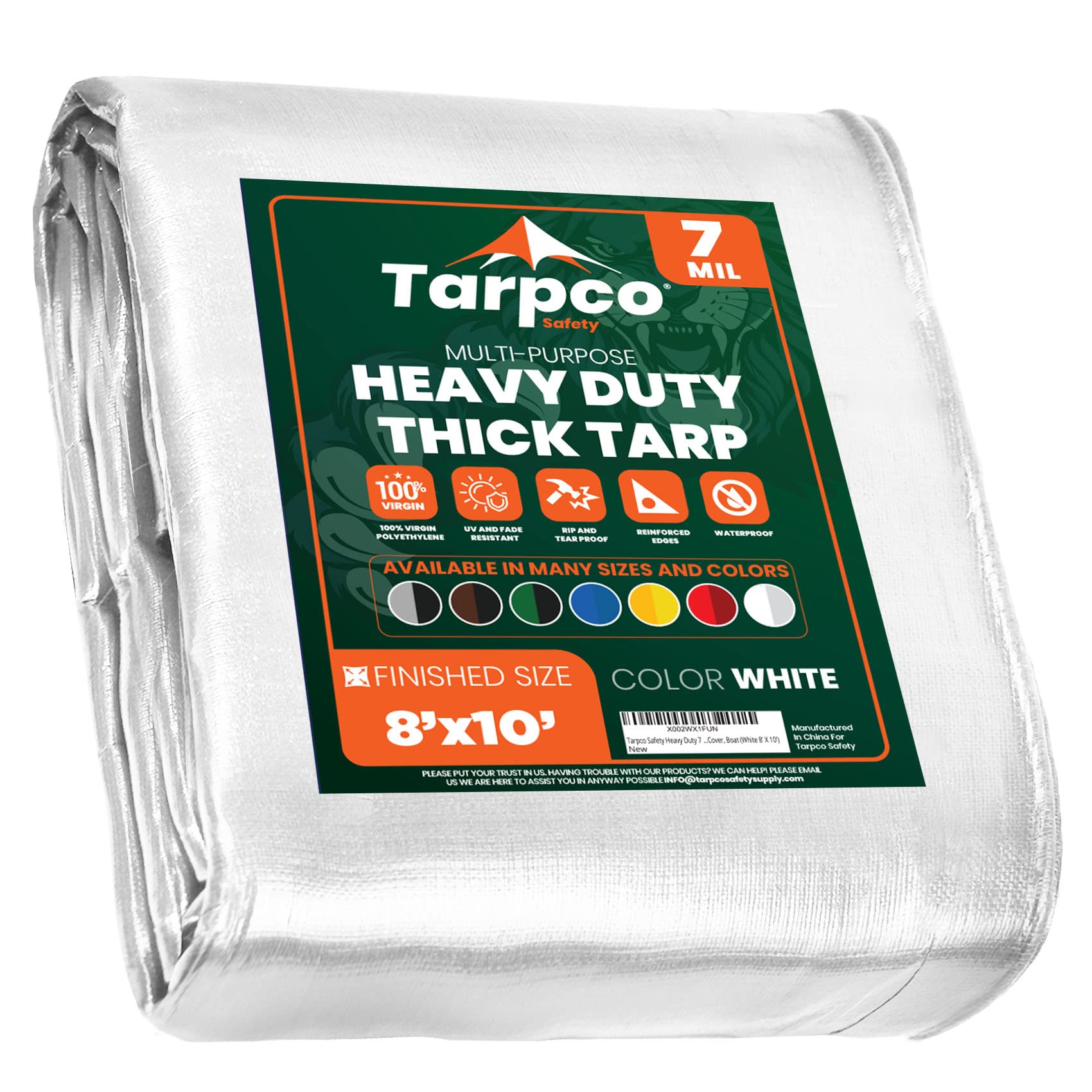 Heavy Duty 7 Mil Tarp Cover, Waterproof, UV Resistant, Rip and Tear Proof, Poly Tarpaulin with Reinforced Edges for Roof, Camping, Patio, Pool Cover, Boat (White 8′ X 10′)