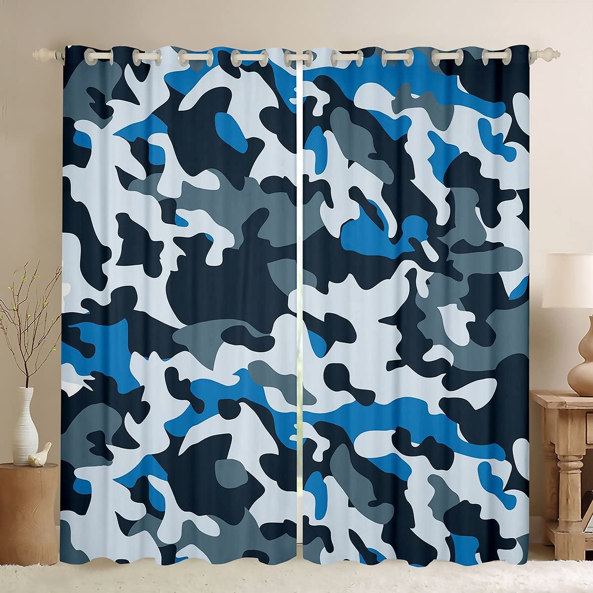 Cortina opaca de camuflaje azul para habitación infantil y juvenil en diseño geométrico, 46x54"