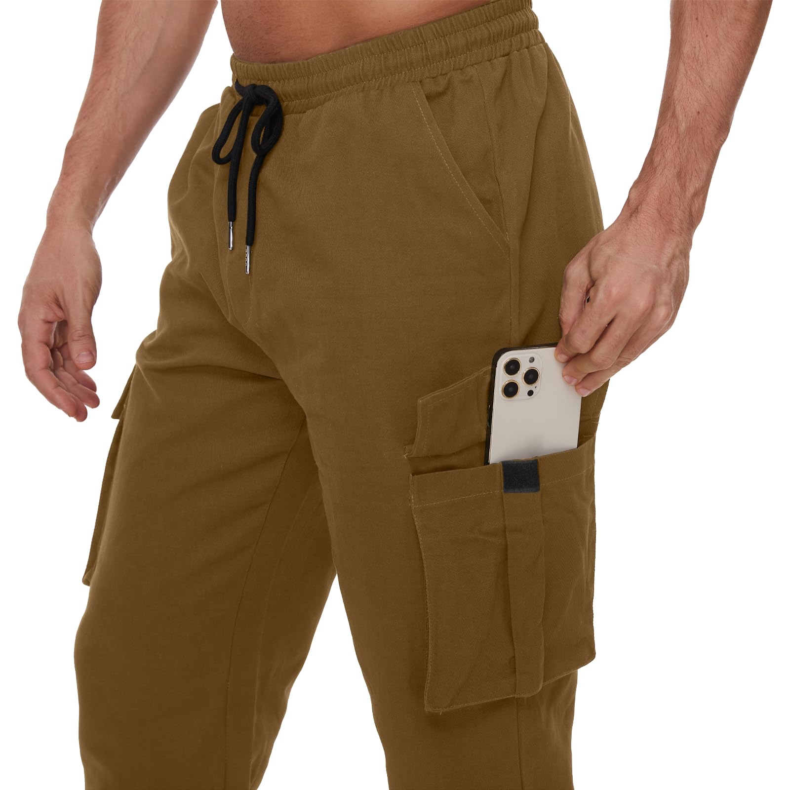 YAOBAOLE Pantalons Cargo Homme Coton Pantalon de Travail avec Multi Poches Taille Elastique Cordon de Serrage