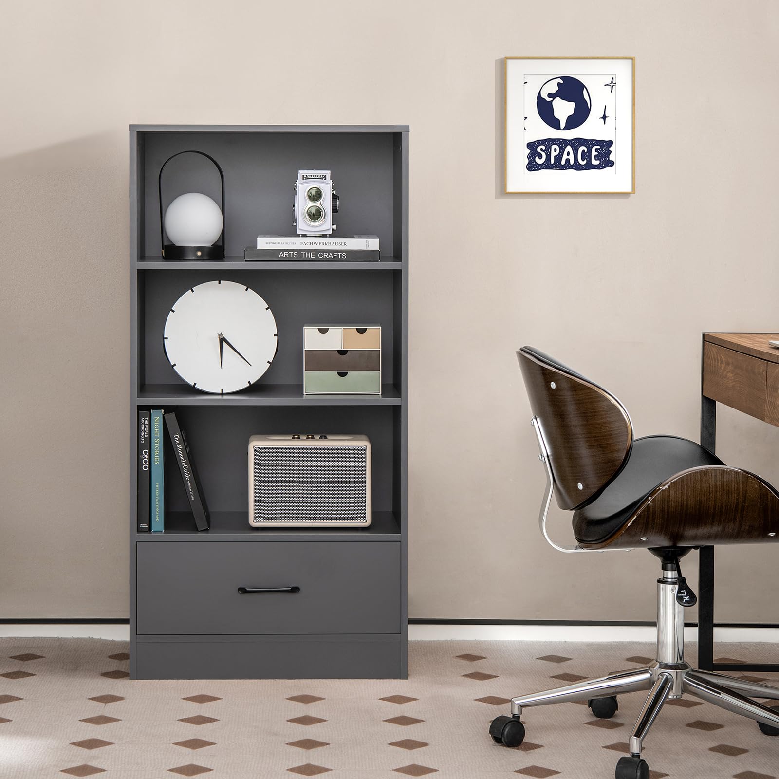 KOMFOTTEU Librería con 3 Estantes y 1 Cajón, Estantería de Almacenamiento con Dispositivo Antivuelco, Mueble Organizador de Madera para Sala de Estar, Estudio, 60 x 38 x 120 cm (Gris)