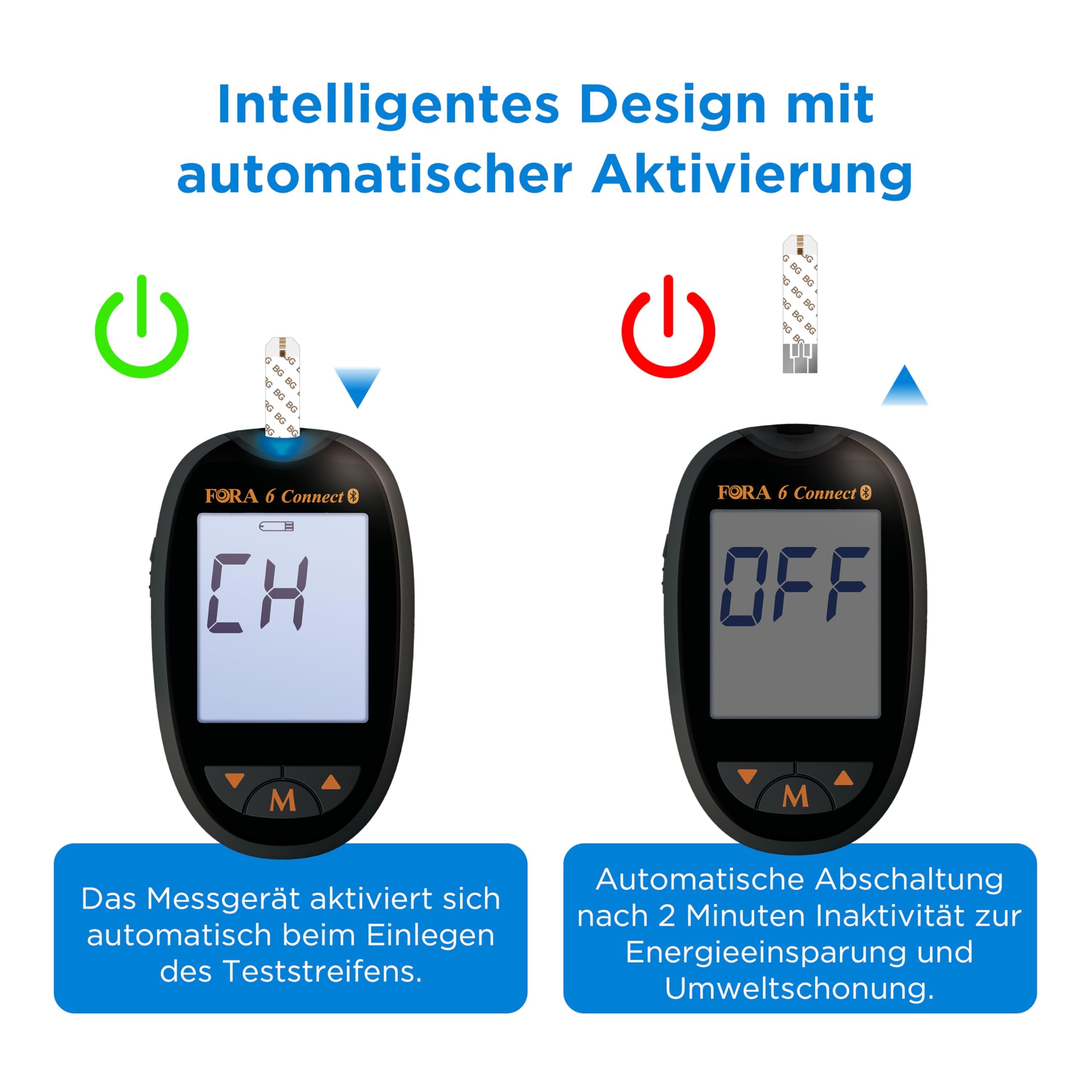 FORA Blutzuckermessgerät Set (mg/dl) – inkl. 50 Stück Blutzucker-Teststreifen, 25 Stück 3-in-1 Teststreifen (Glukose, Hämatokrit, Hämoglobin, einzeln verpackt) & 10 Stück β-Keton-Teststreifen
