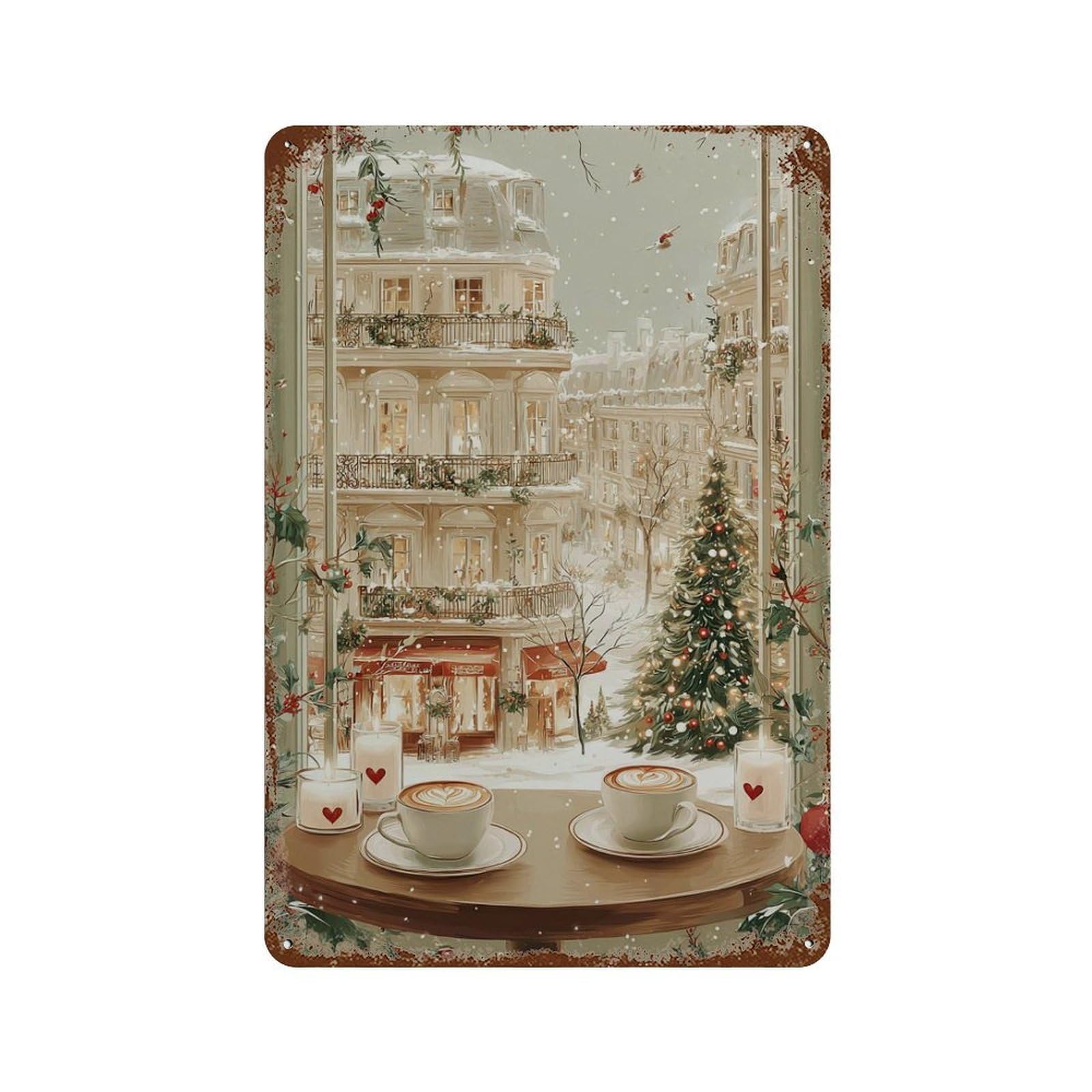xiaoxiaoshen Parisian Christmas Cafe Cozy Winter Window Scene Holiday Coffee And City View Wa Wall Decor Art Metal Tin Poster Modern Home Decor Art Home Bar Shop Decorations Vintage Sign 30x20cm