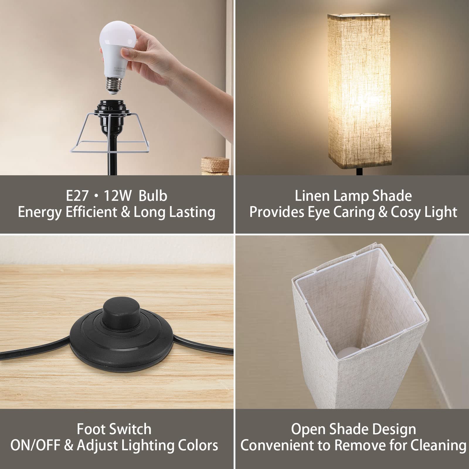 Lámpara de Pie para Dormitorio, Sala de Estar, Oficina, Lámparas Modernas con Mando a Distancia & Control, Lámpara de 2700k-6500k con Pantalla de Lino, Modo de luz Nocturna