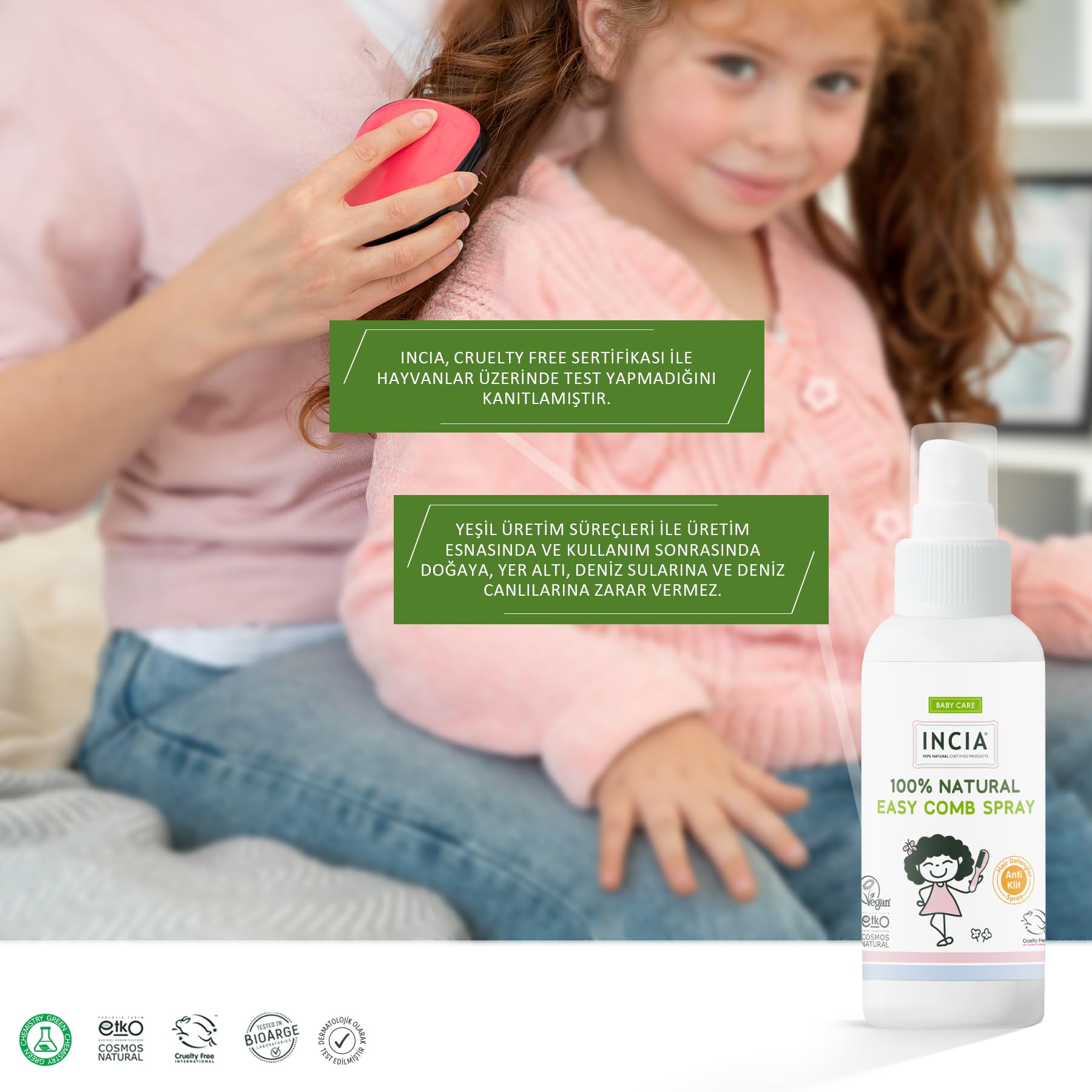 INCIA %100 Doğal Kolay Tarama Spreyi Çocuklar İçin Nemlendirici Parlaklaklaştırıcı Anti Klit 100 ml
